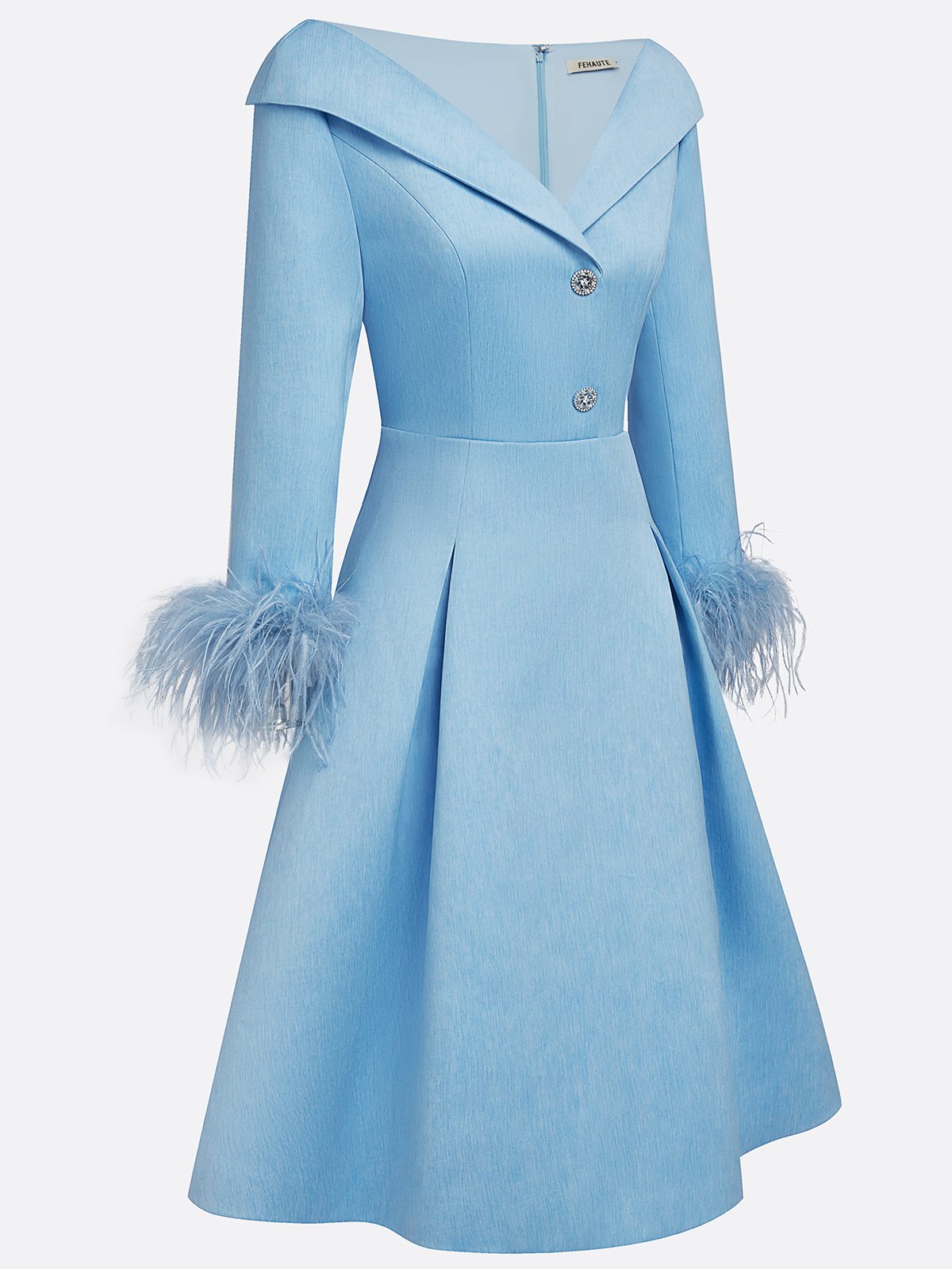 Blue Feather Buckle Classic Cold Shoulder Long Sleeve A-Line Midi Dress