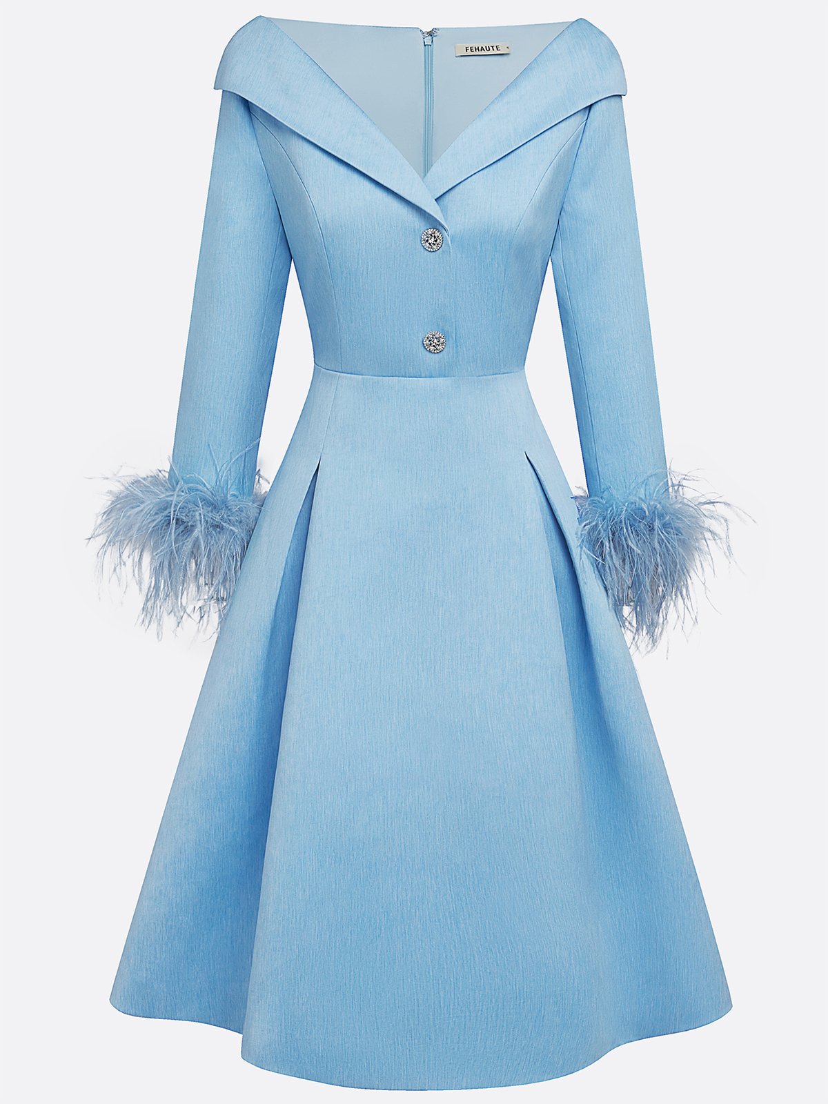 Blue Feather Buckle Classic Cold Shoulder Long Sleeve A-Line Midi Dress