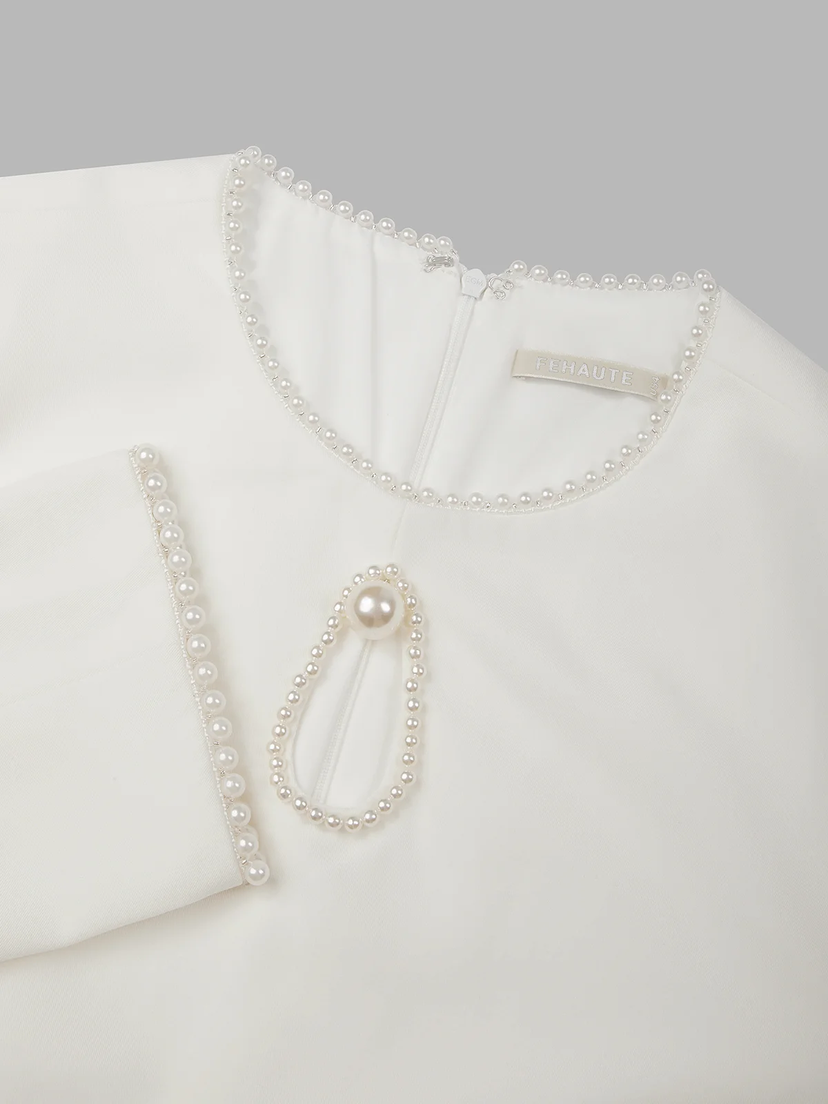 White Imitation Pearls Cut Out Classic Crew Neck Long Sleeve Shift Mini Dress