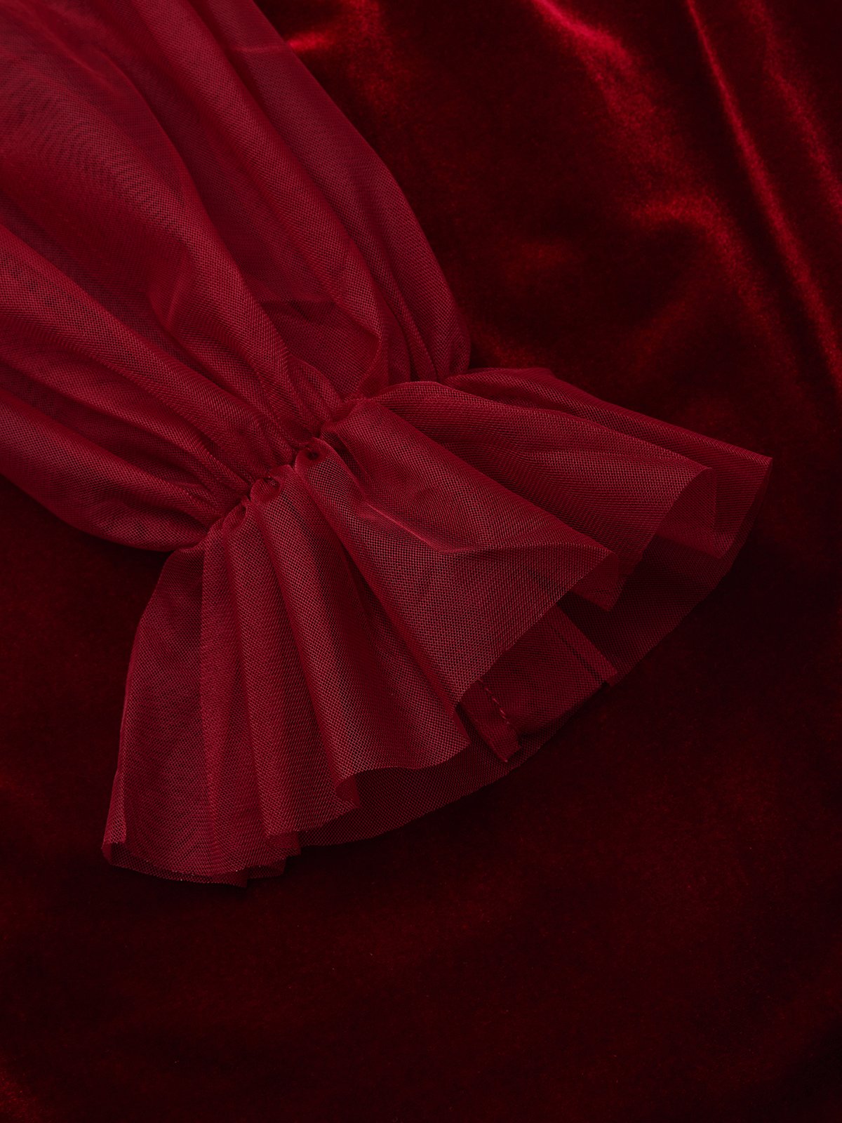 Wine Red Mesh Velvet Crew Neck Long Sleeve Bell Sleeve Sheath Midi Dress