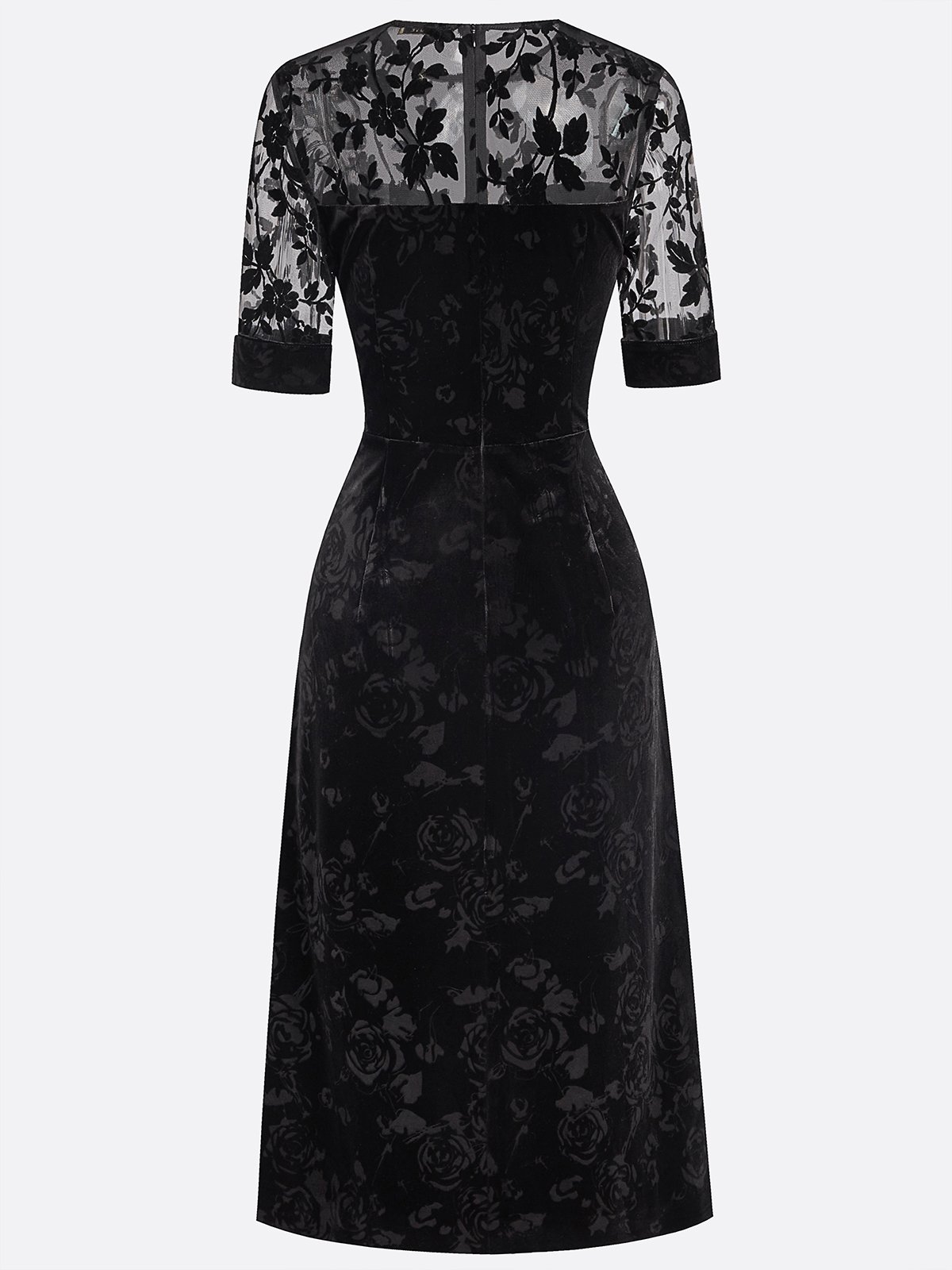 Black Floral Mesh Velvet Crew Neck Short Sleeve A-Line Midi Dress