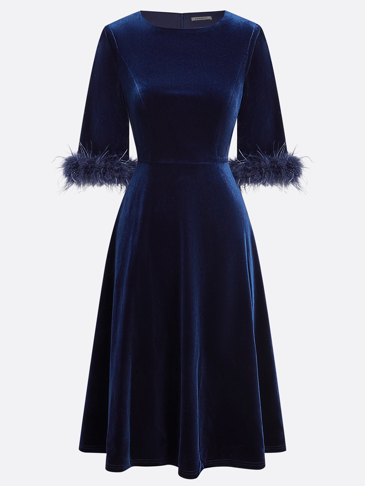 Purplish Blue Feather-trimmed Velvet Crew Neck Half Sleeve A-Line Midi Dress