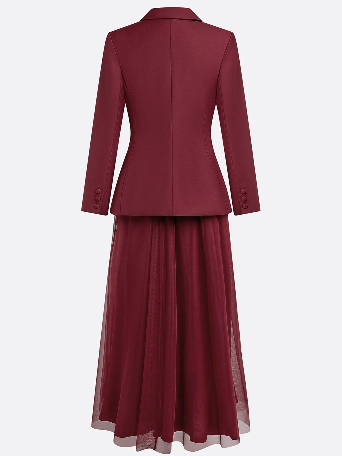 Women Wine Red Lapel Collar Long Sleeve Dressy Dress With Coat Two-Piece Set