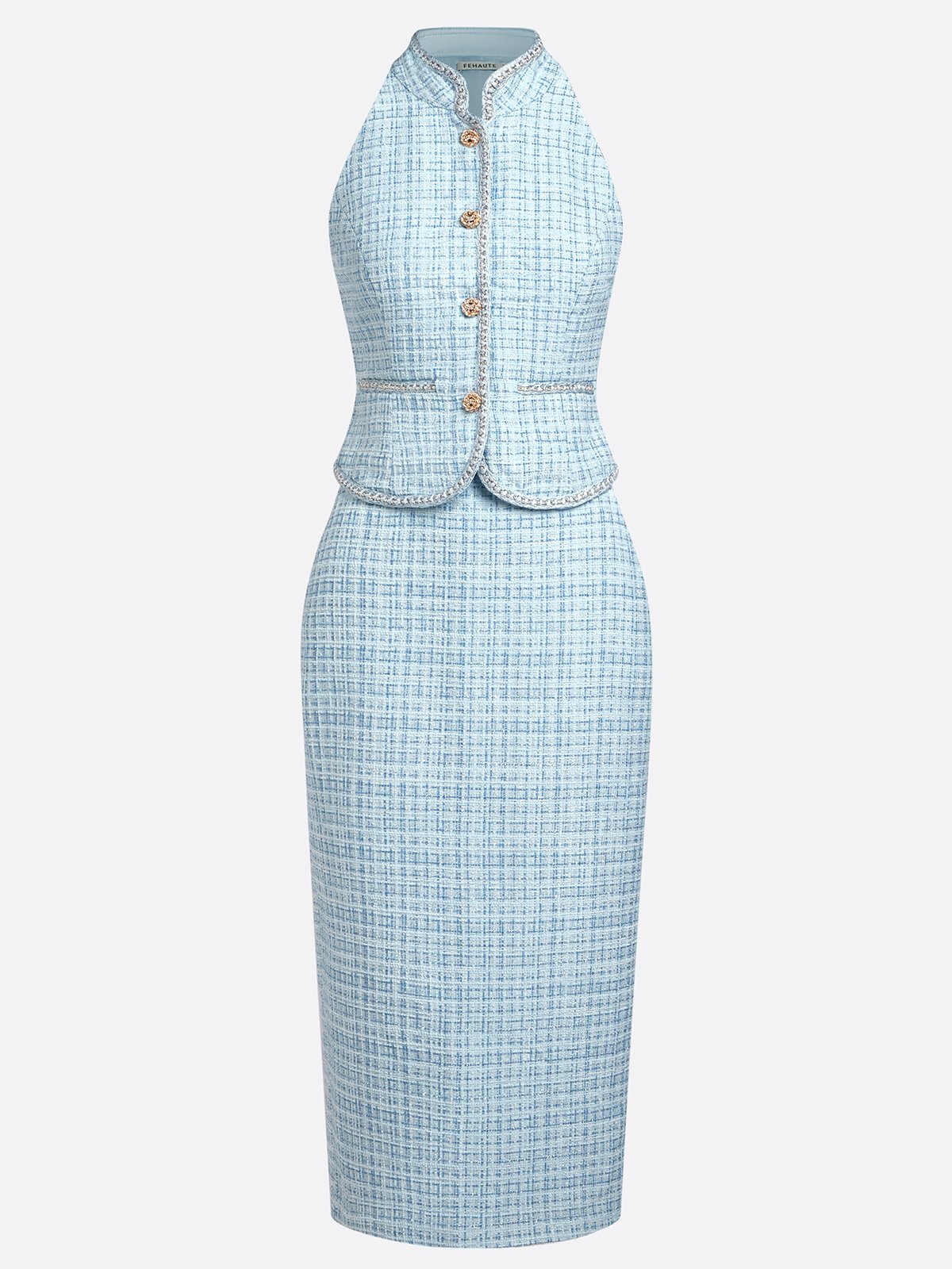 Women Blue Buckle Rhinestone Turtleneck Sleeveless Dressy Top With Skirt Two-Piece Set