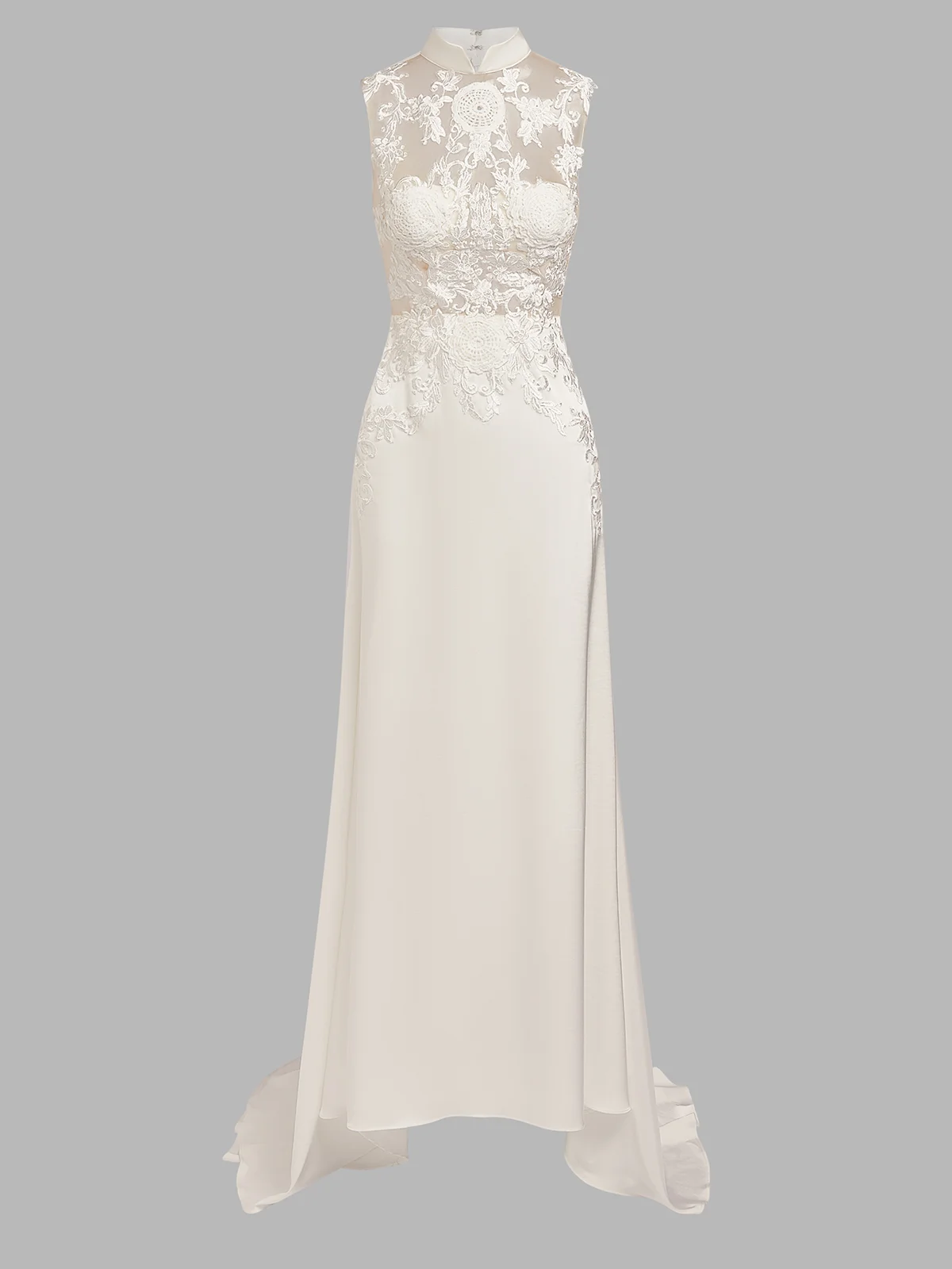 White Lace Hollow Out Bridal/Wedding Dress Stand Collar Sleeveless Sheath Gown Dress