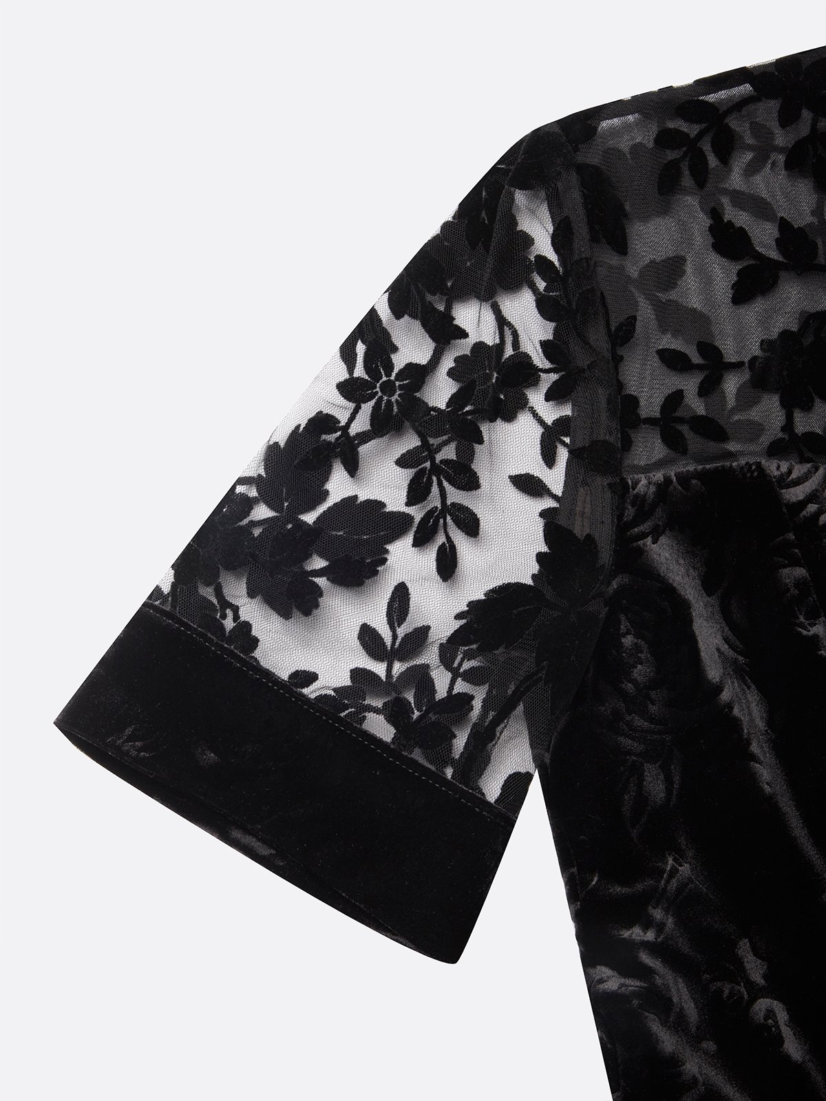 Black Floral Mesh Velvet Crew Neck Short Sleeve A-Line Midi Dress