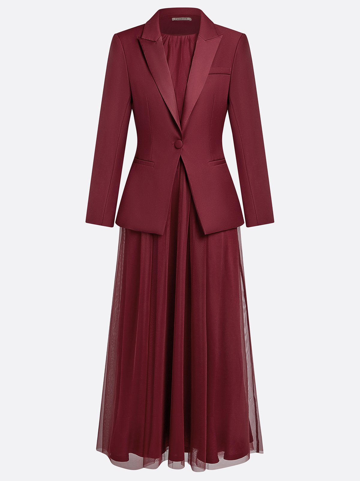 Women Wine Red Lapel Collar Long Sleeve Dressy Dress With Coat Two-Piece Set