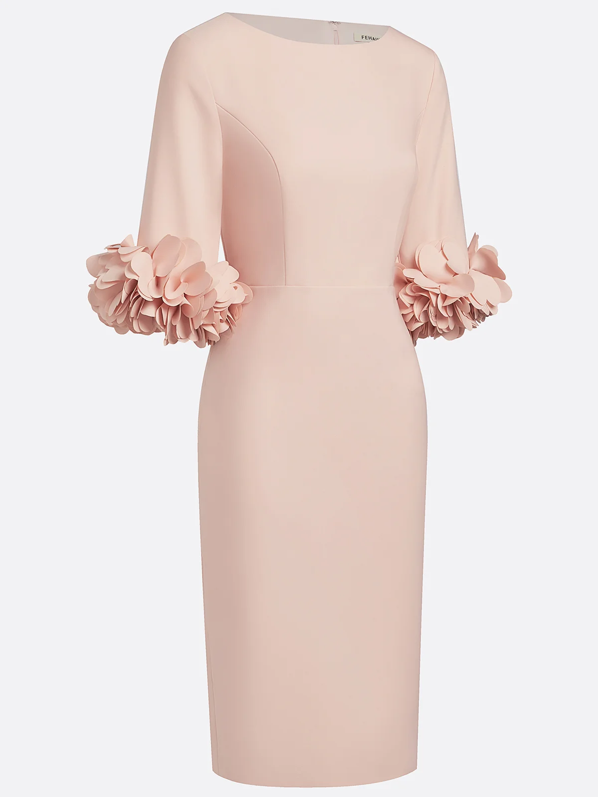 Light Pink 3D Floral Classic Crew Neck Half Sleeve Sheath Midi Dress