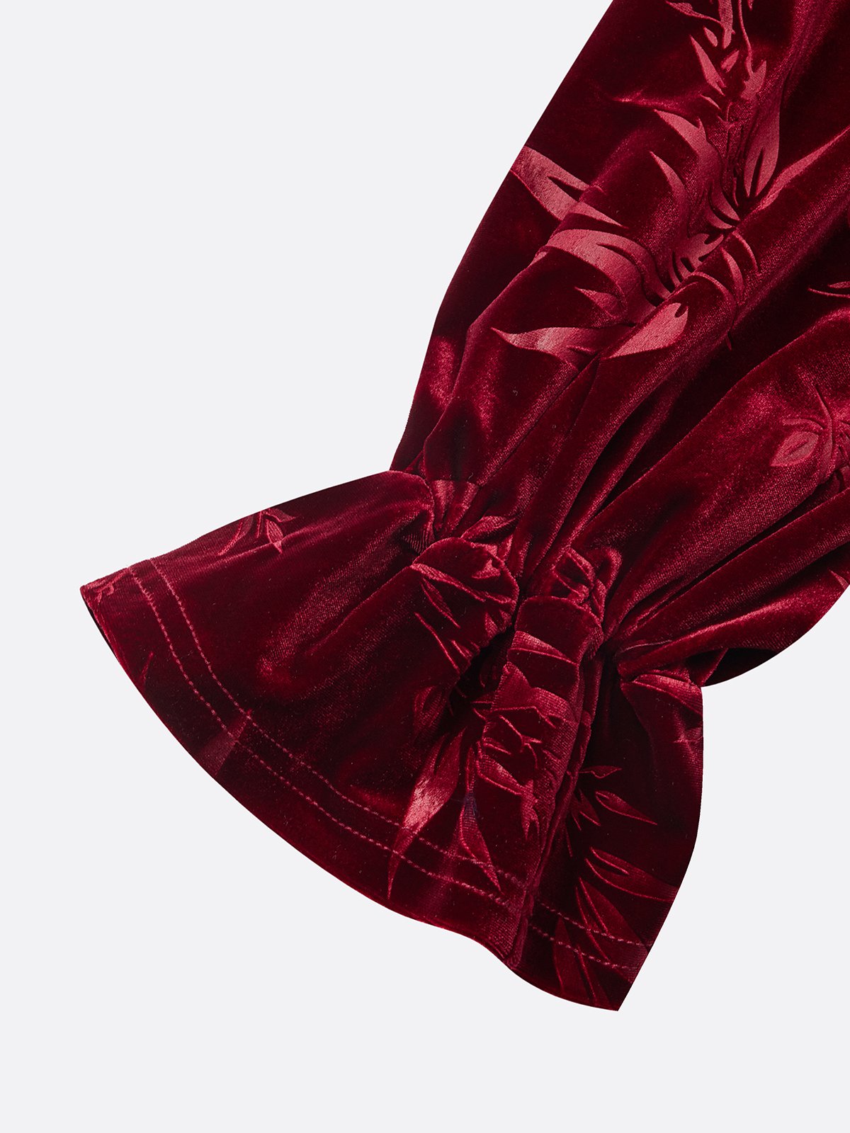 Wine Red Embossed Velvet V Neck Long Sleeve Bell Sleeve Mermaid Maxi Dress