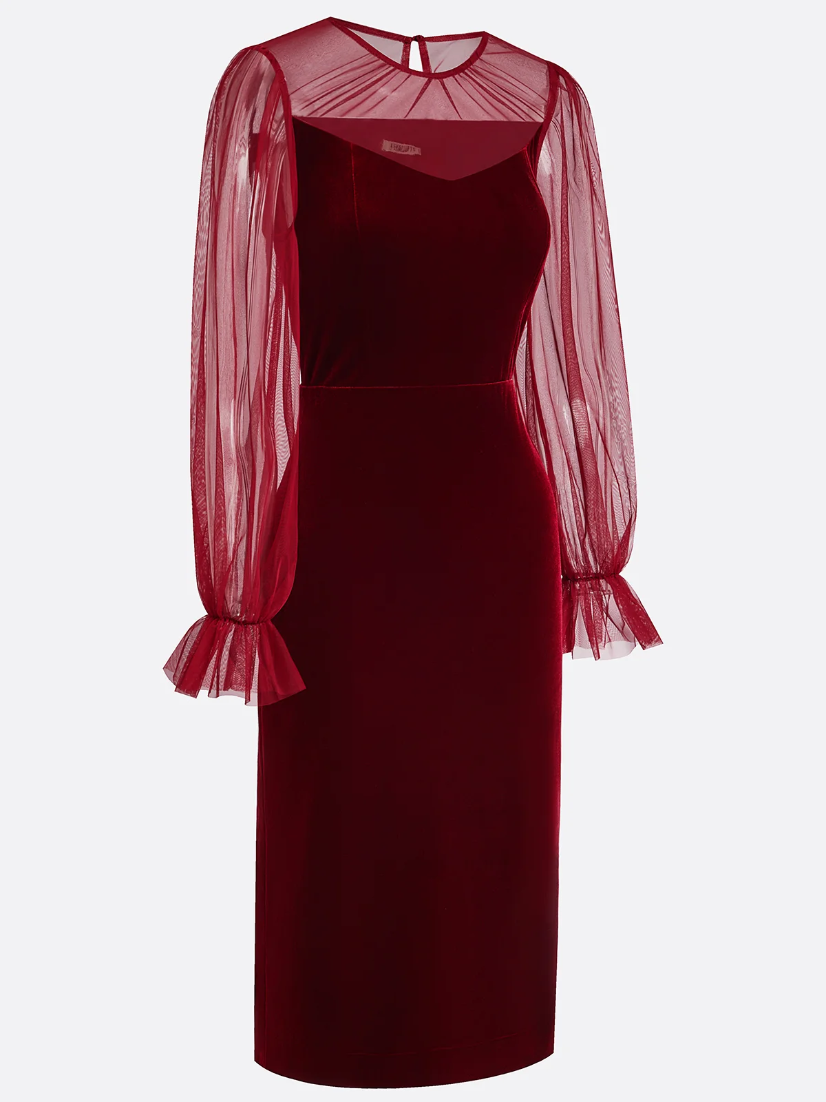 Wine Red Mesh Velvet Crew Neck Long Sleeve Bell Sleeve Sheath Midi Dress