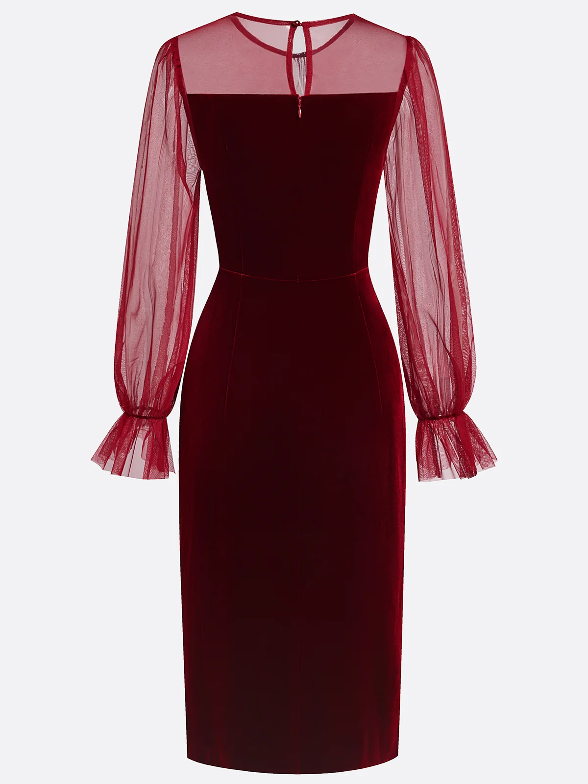 Wine Red Mesh Velvet Crew Neck Long Sleeve Bell Sleeve Sheath Midi Dress
