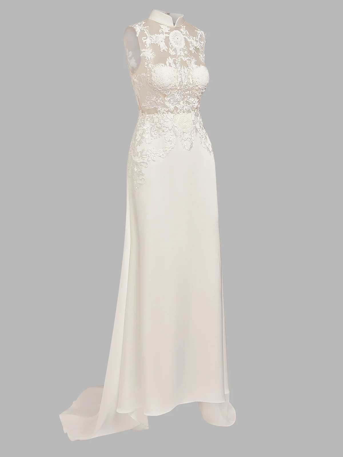 White Lace Hollow Out Bridal/Wedding Dress Stand Collar Sleeveless Sheath Gown Dress