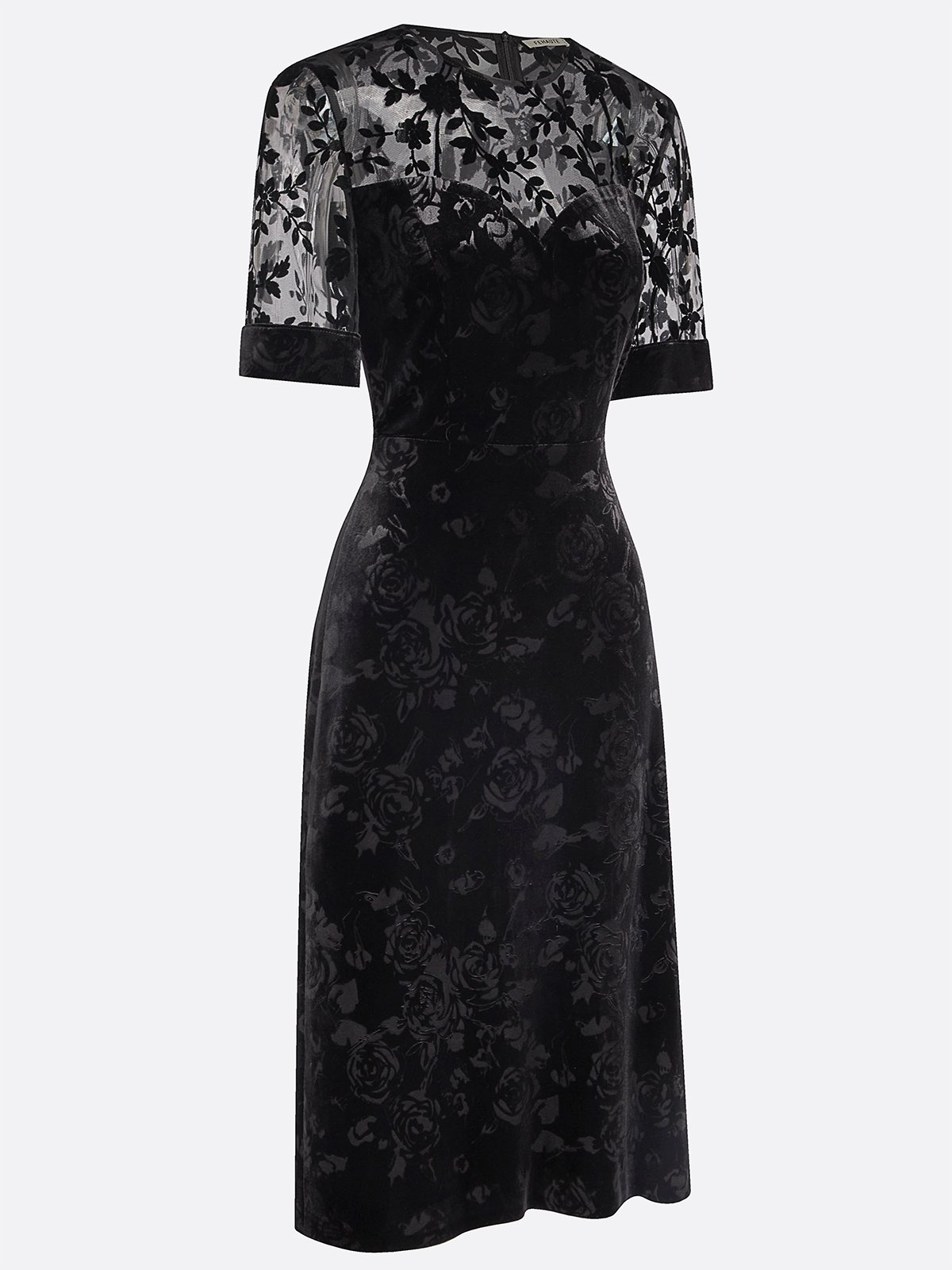 Black Floral Mesh Velvet Crew Neck Short Sleeve A-Line Midi Dress