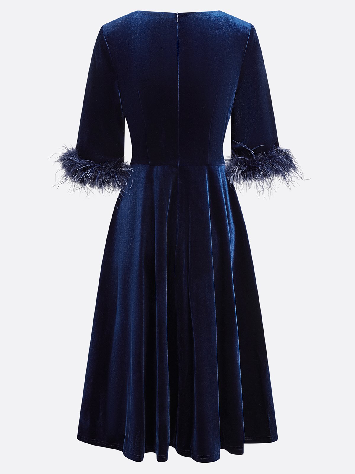 Purplish Blue Feather-trimmed Velvet Crew Neck Half Sleeve A-Line Midi Dress