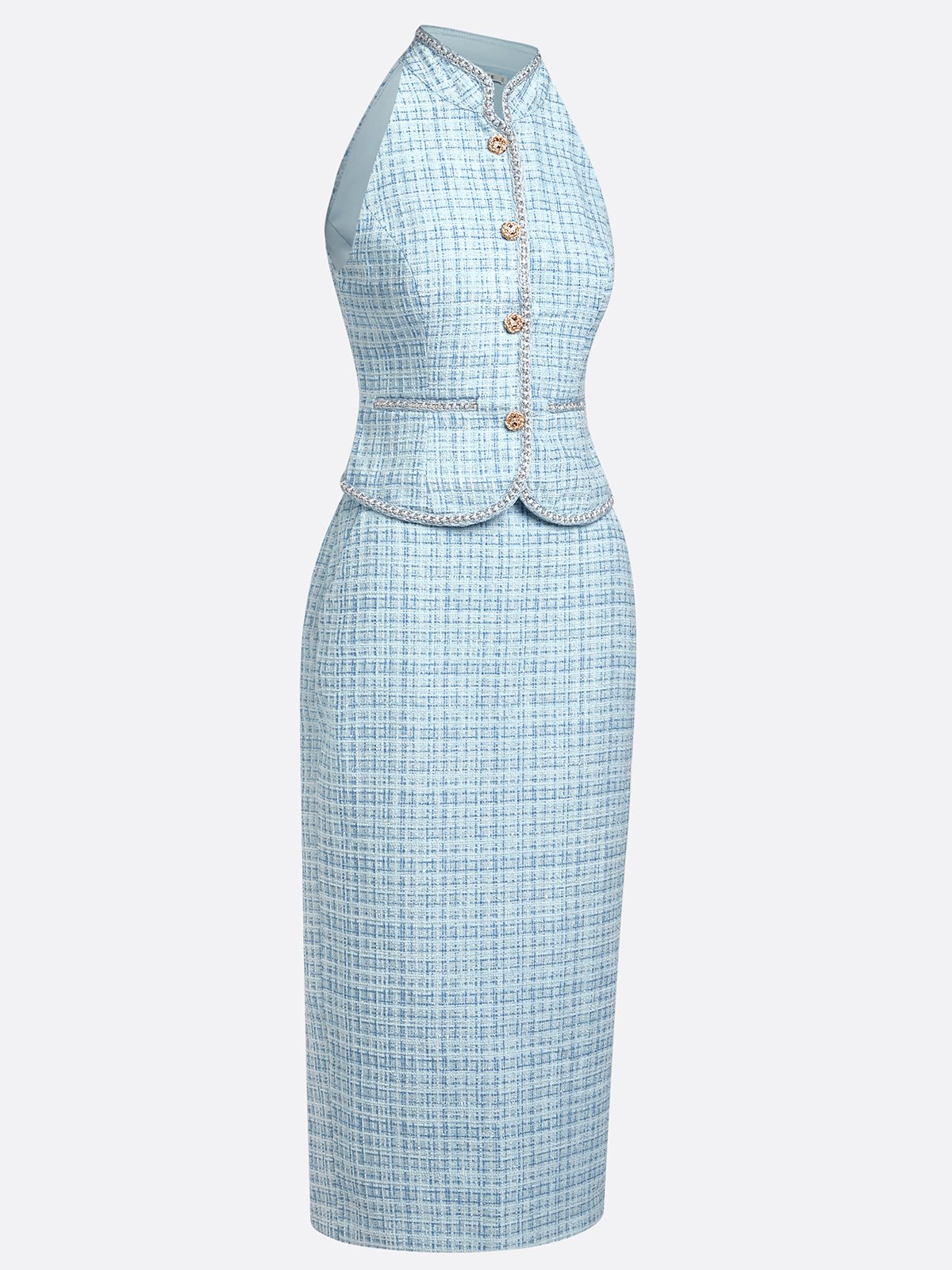 Women Blue Buckle Rhinestone Turtleneck Sleeveless Dressy Top With Skirt Two-Piece Set