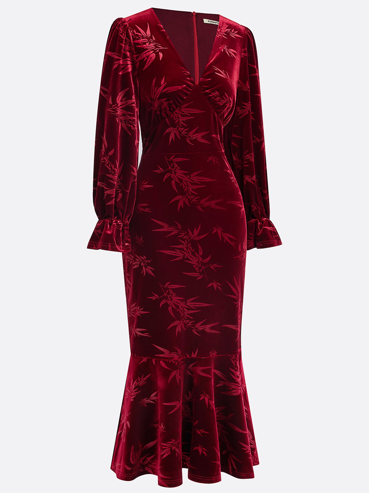 Wine Red Embossed Velvet V Neck Long Sleeve Bell Sleeve Mermaid Maxi Dress