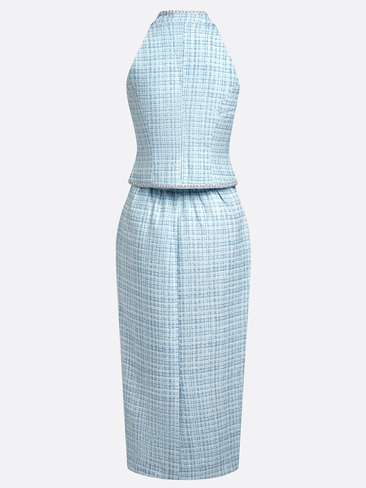 Women Blue Buckle Rhinestone Turtleneck Sleeveless Dressy Top With Skirt Two-Piece Set