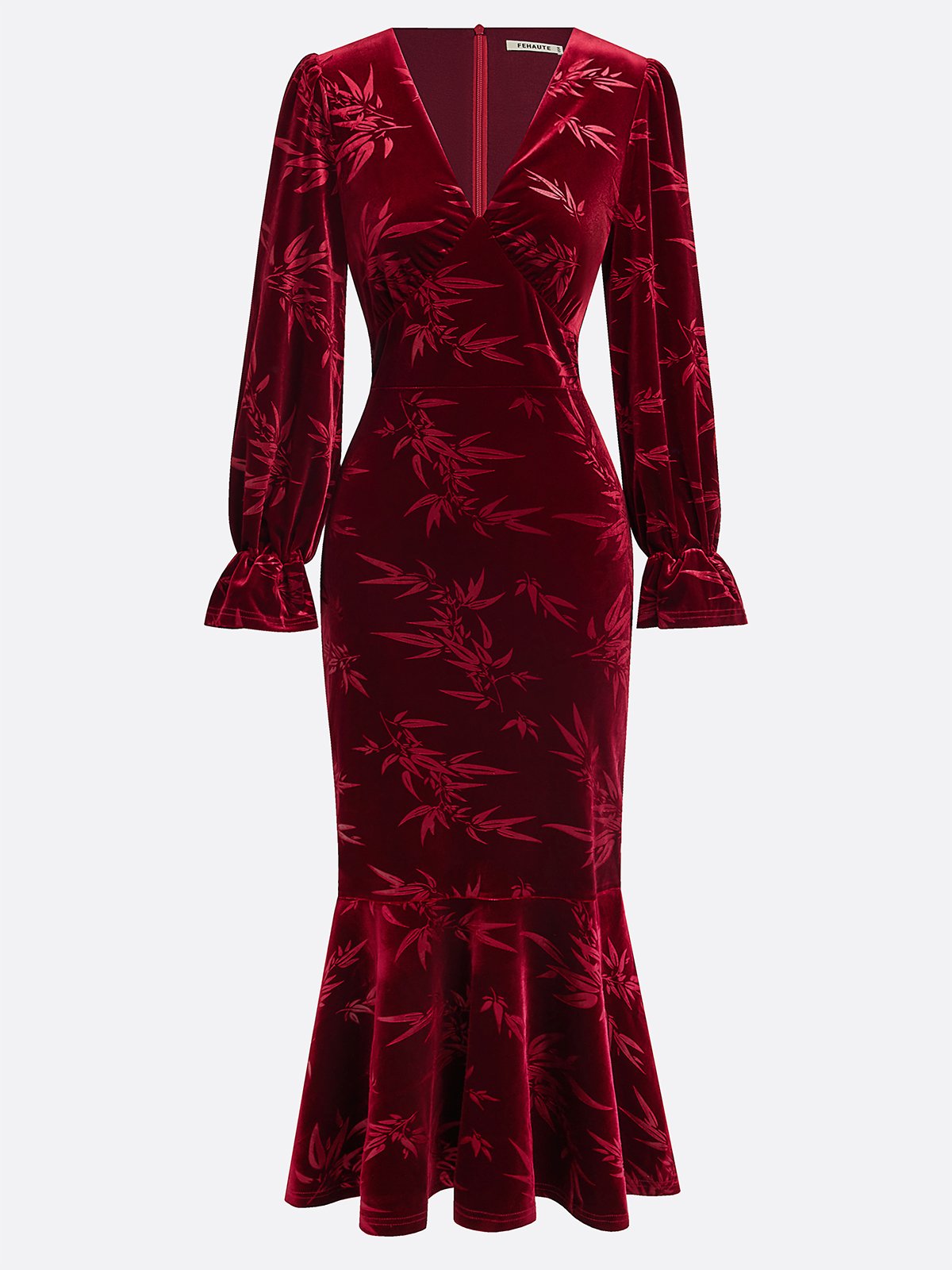 Wine Red Embossed Velvet V Neck Long Sleeve Bell Sleeve Mermaid Maxi Dress