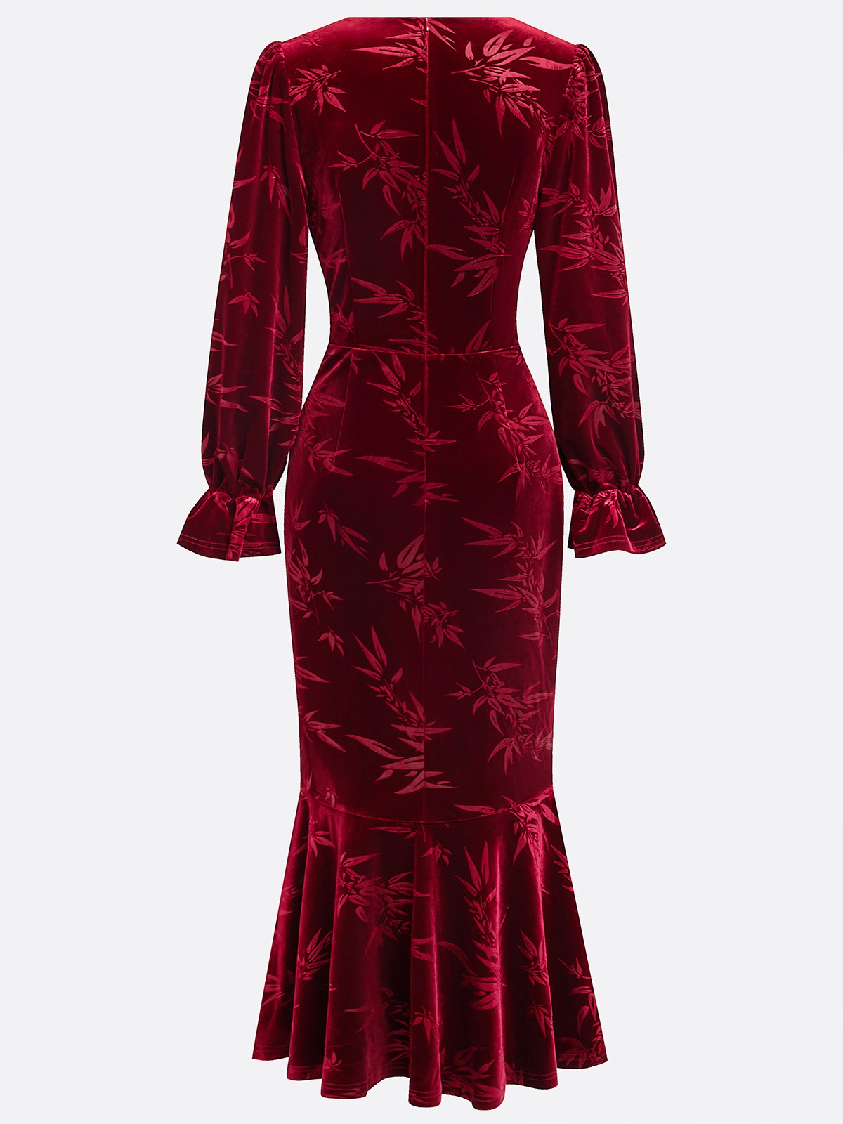 Wine Red Embossed Velvet V Neck Long Sleeve Bell Sleeve Mermaid Maxi Dress