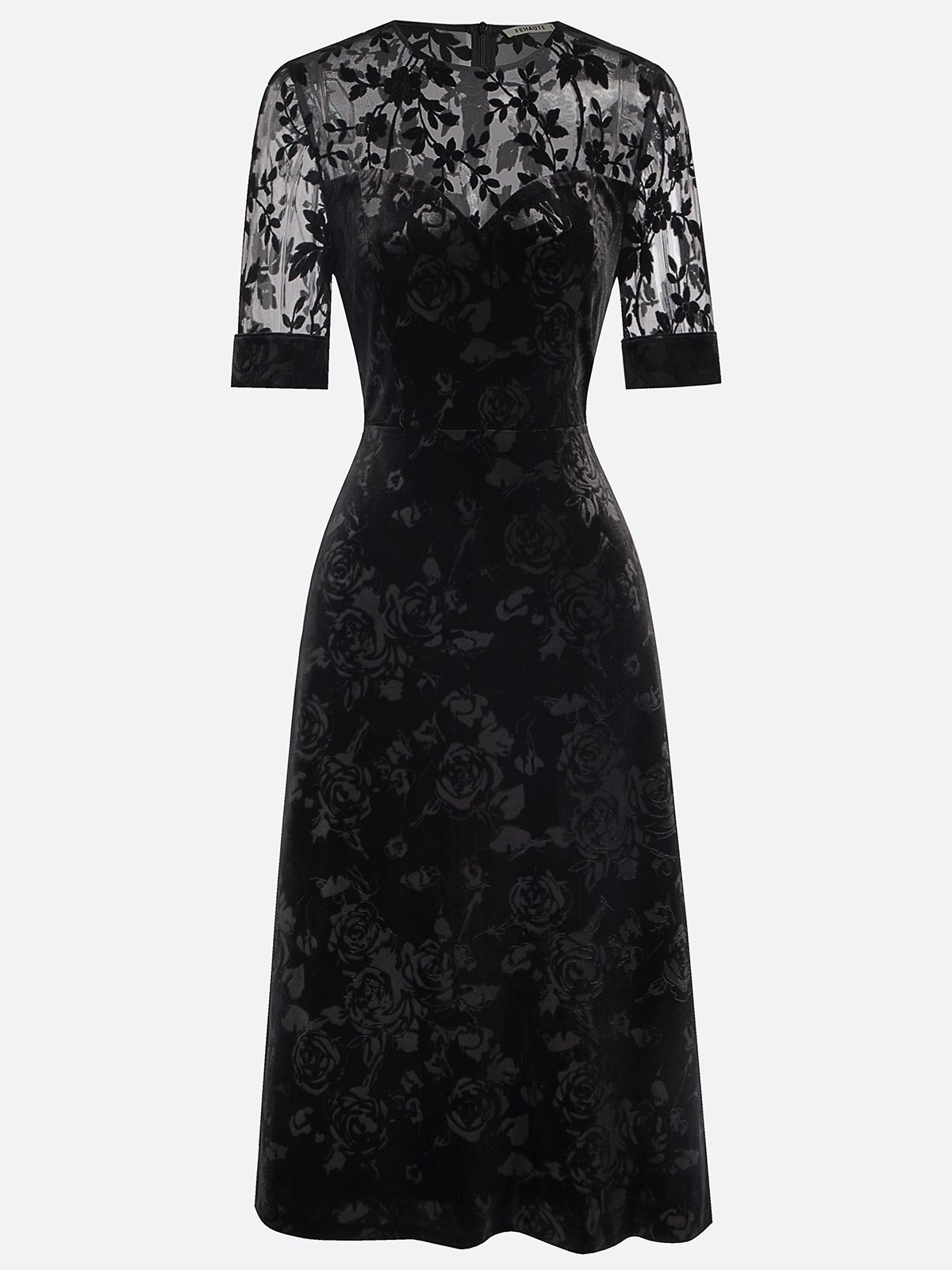 Black Floral Mesh Velvet Crew Neck Short Sleeve A-Line Midi Dress