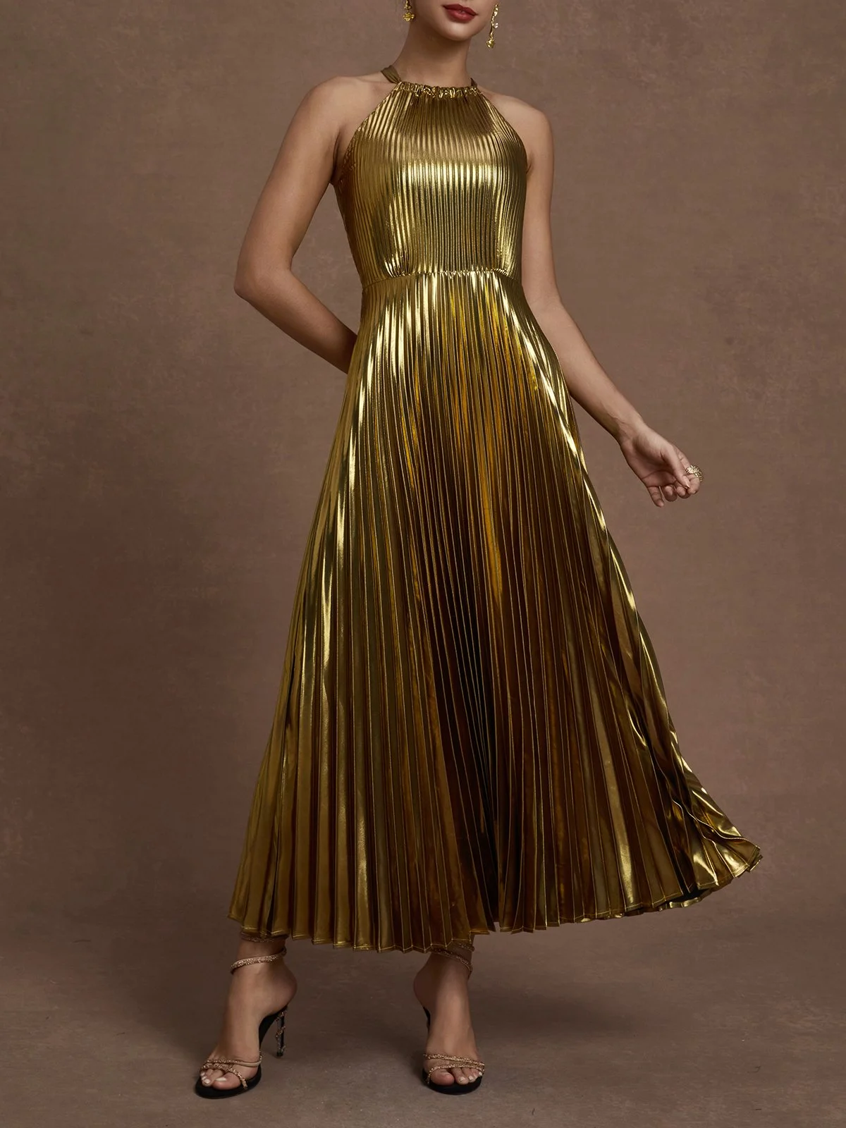 Yellow Brown Pleated Satin Halter Sleeveless A-Line Maxi Dress