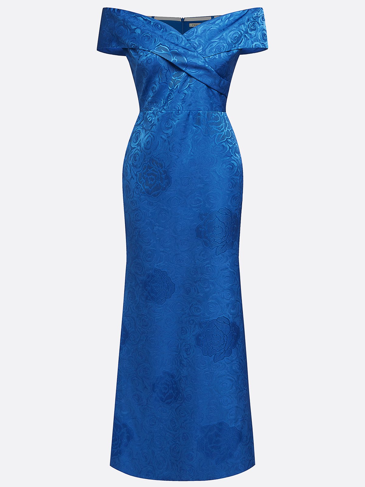 Blue Jacquard Floral Satin Off The Shoulder Sleeveless Sheath Maxi Dress