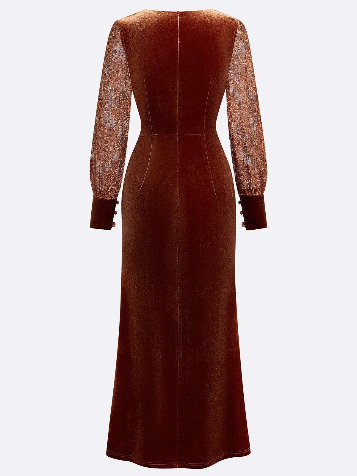 Caramel Lace Ruffled Velvet V Neck Long Sleeve Balloon Sleeve Sheath Maxi Dress