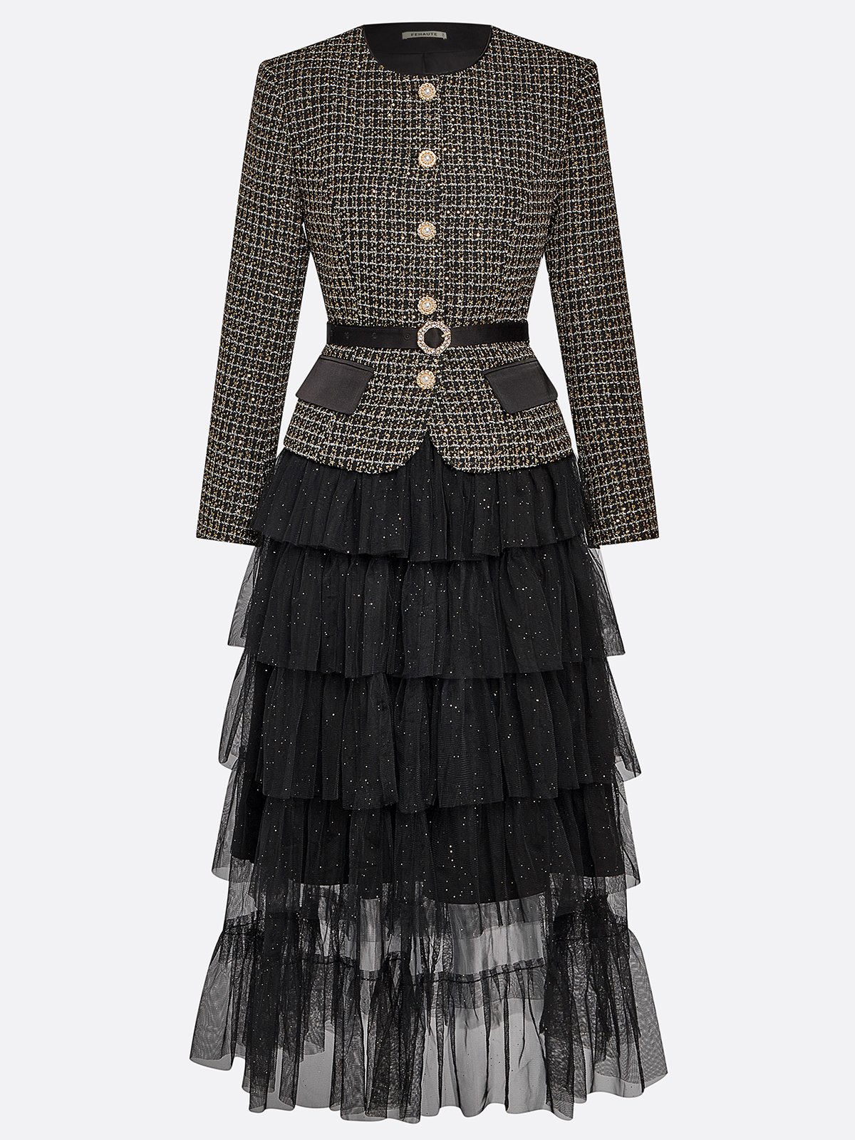 Women Black Tweed Tulle Buckle Stamped Bronzing Crew Neck Long Sleeve Dressy Coat With Skirt Two-Piece Set