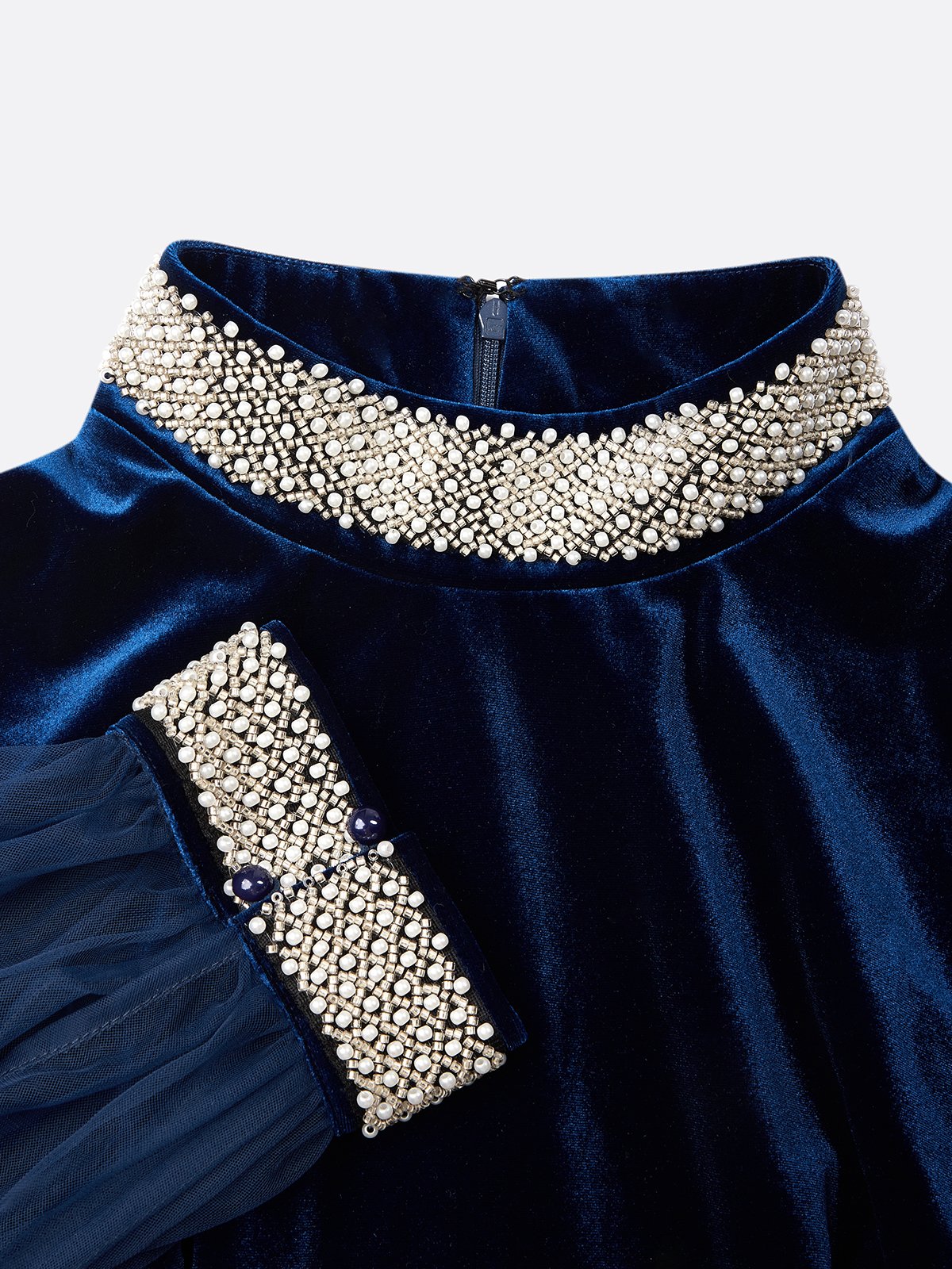 Royal Blue Rhinestone Velvet Stand Collar Half Sleeve Balloon Sleeve Mermaid Maxi Dress