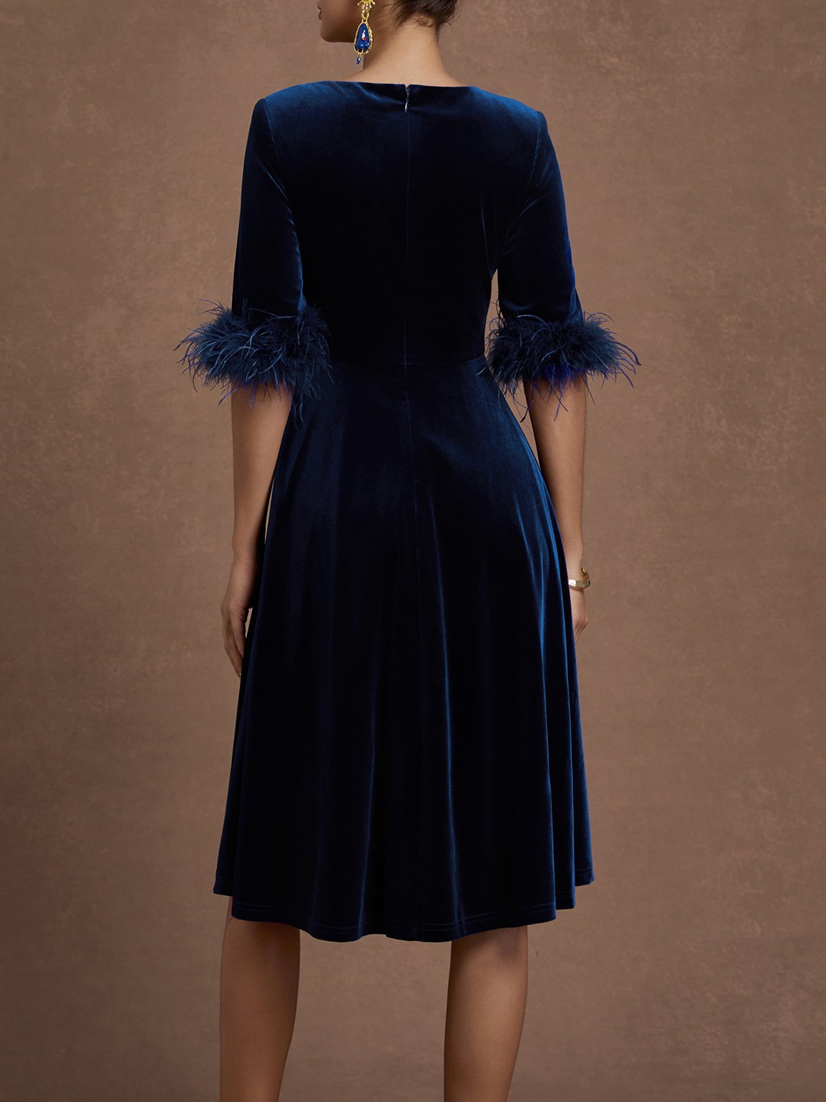 Purplish Blue Feather-trimmed Velvet Crew Neck Half Sleeve A-Line Midi Dress