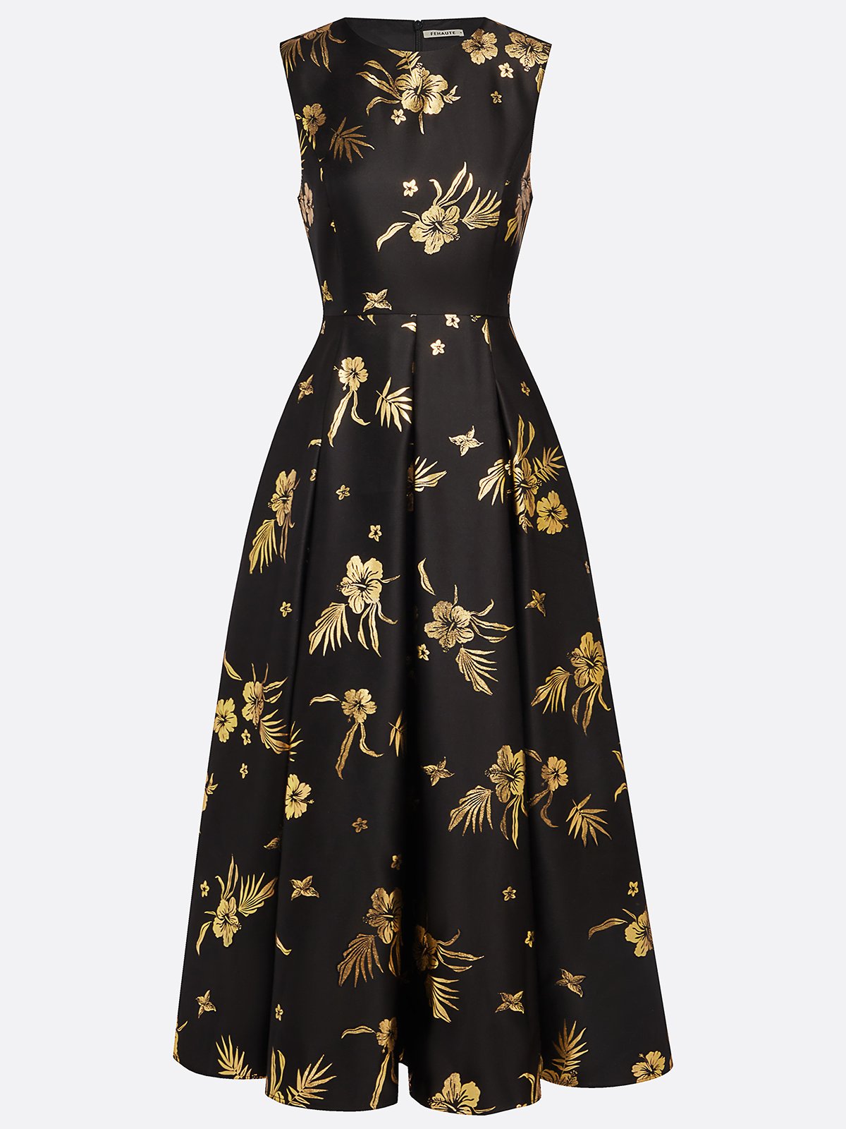 Black Stamped Bronzing Satin Crew Neck Sleeveless A-Line Maxi Dress