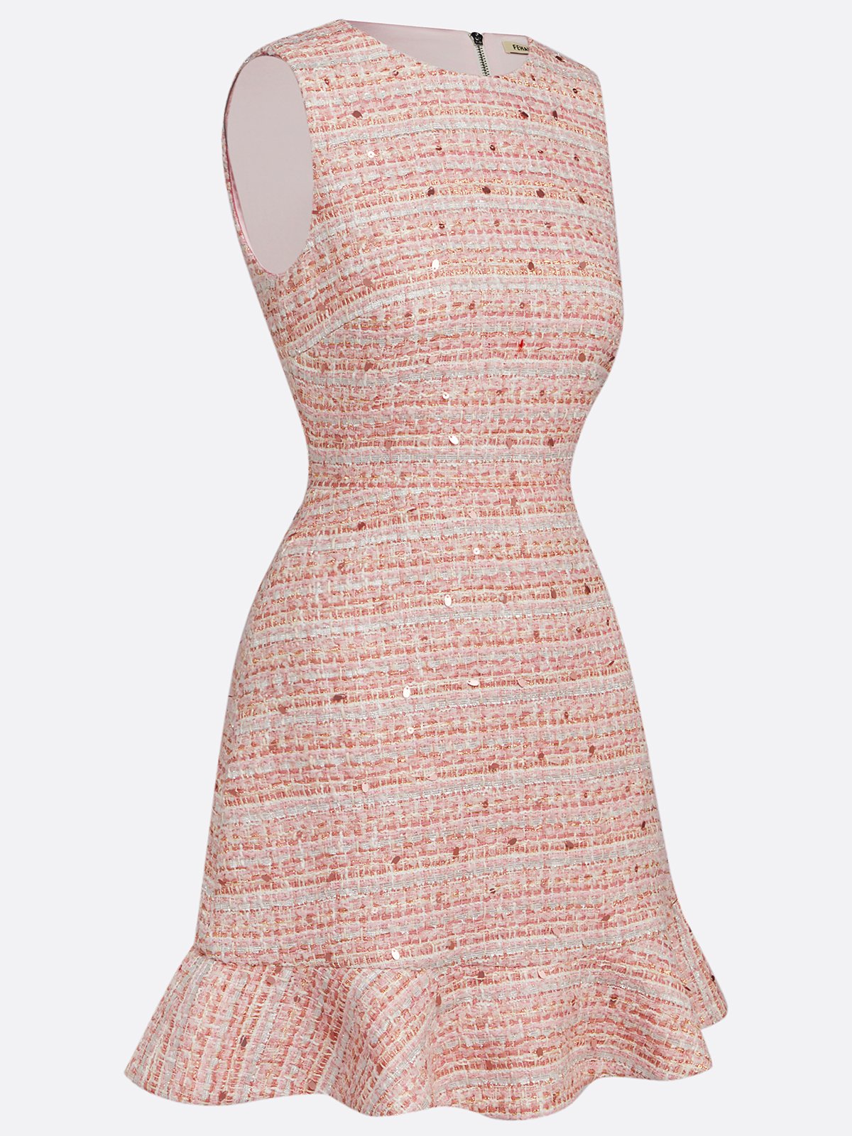 Pink Ruffled Tweed Crew Neck Sleeveless Sheath Mini Dress