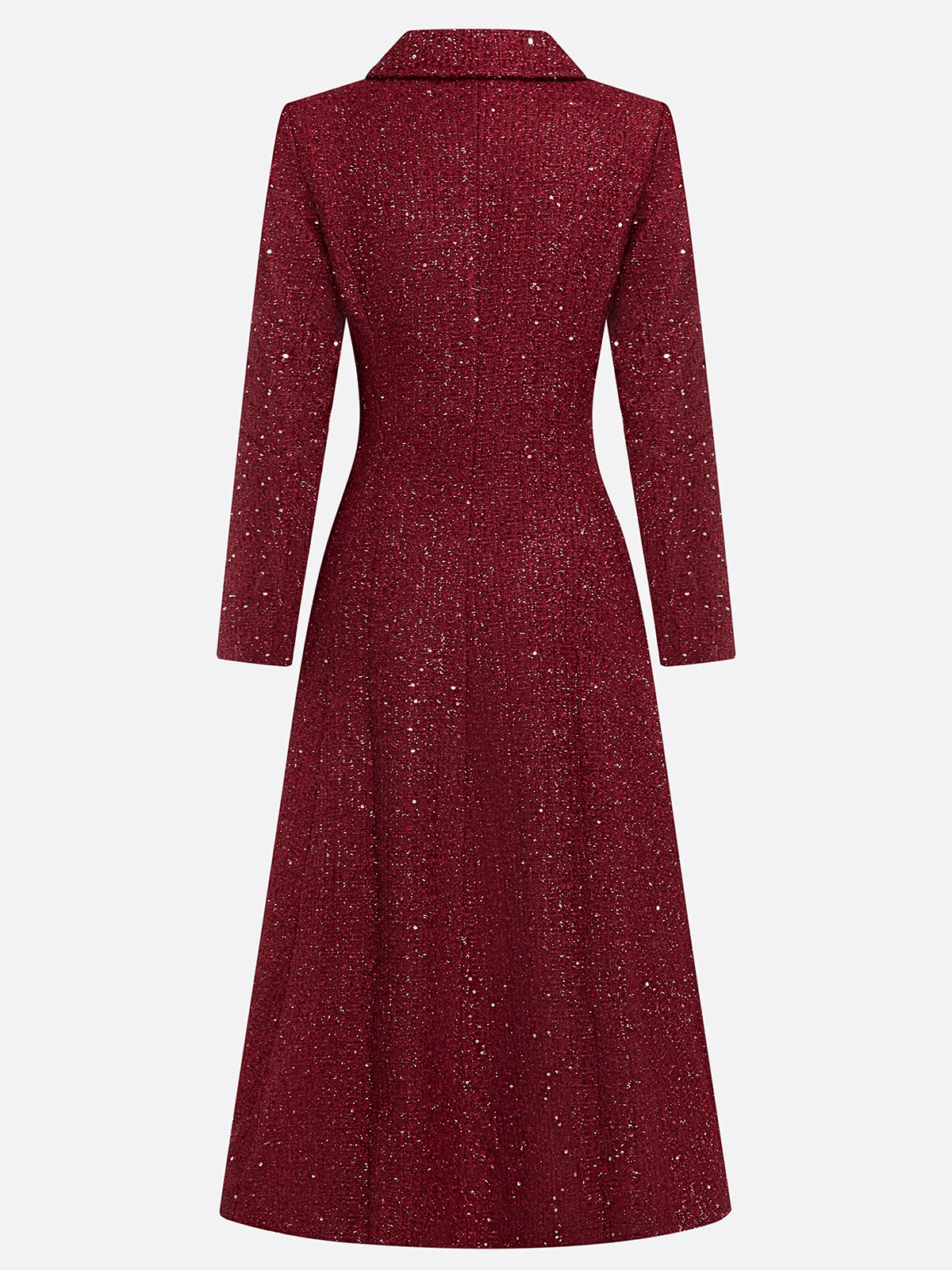 Burgundy Buckle Tweed Pointed Collar Long Sleeve A-Line Midi Dress