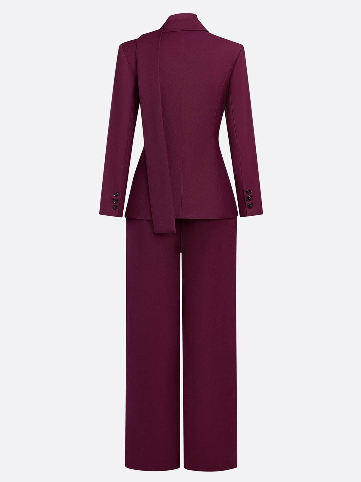 Women Wine Red Buckle Shoulder Pad Lapel Collar Long Sleeve Dressy Coat With Pants Two-Piece Set