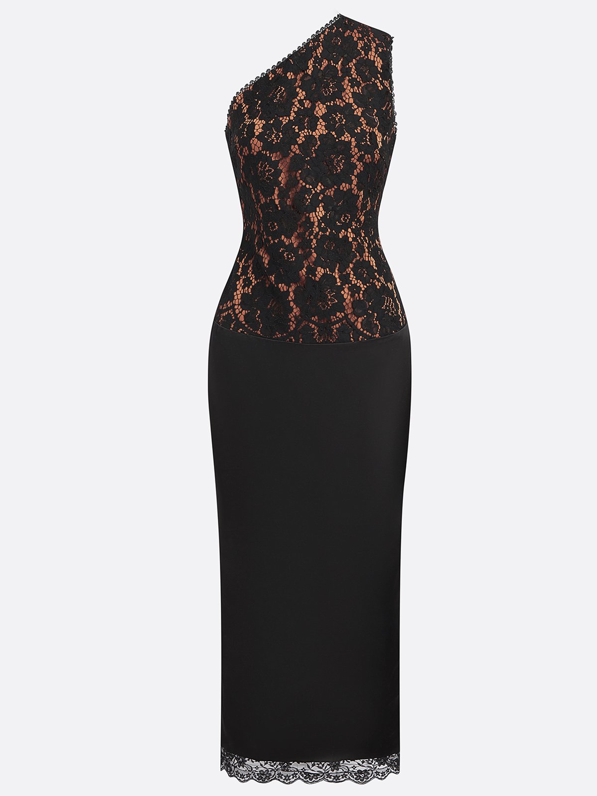 Black Lace One Shoulder Sleeveless Sheath Maxi Dress