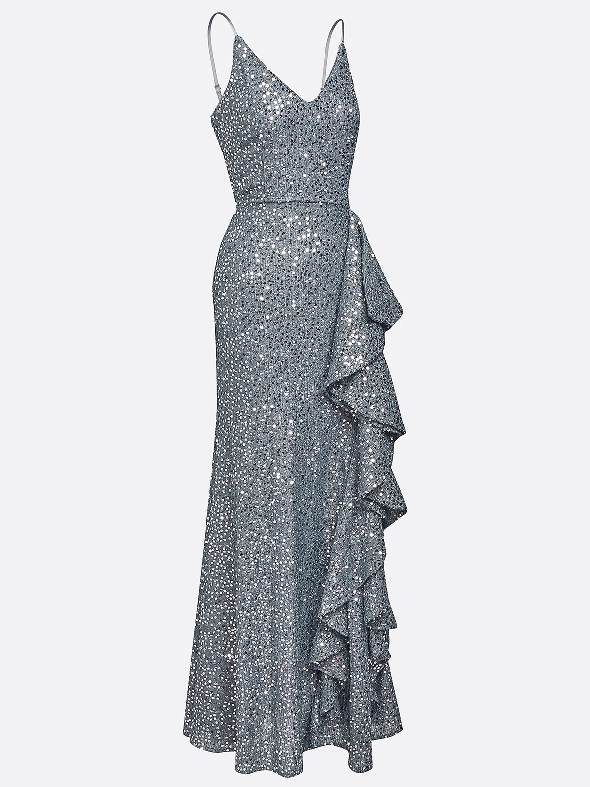 Silver Sequin Ruffled Spaghetti Sleeveless A-Line Gown