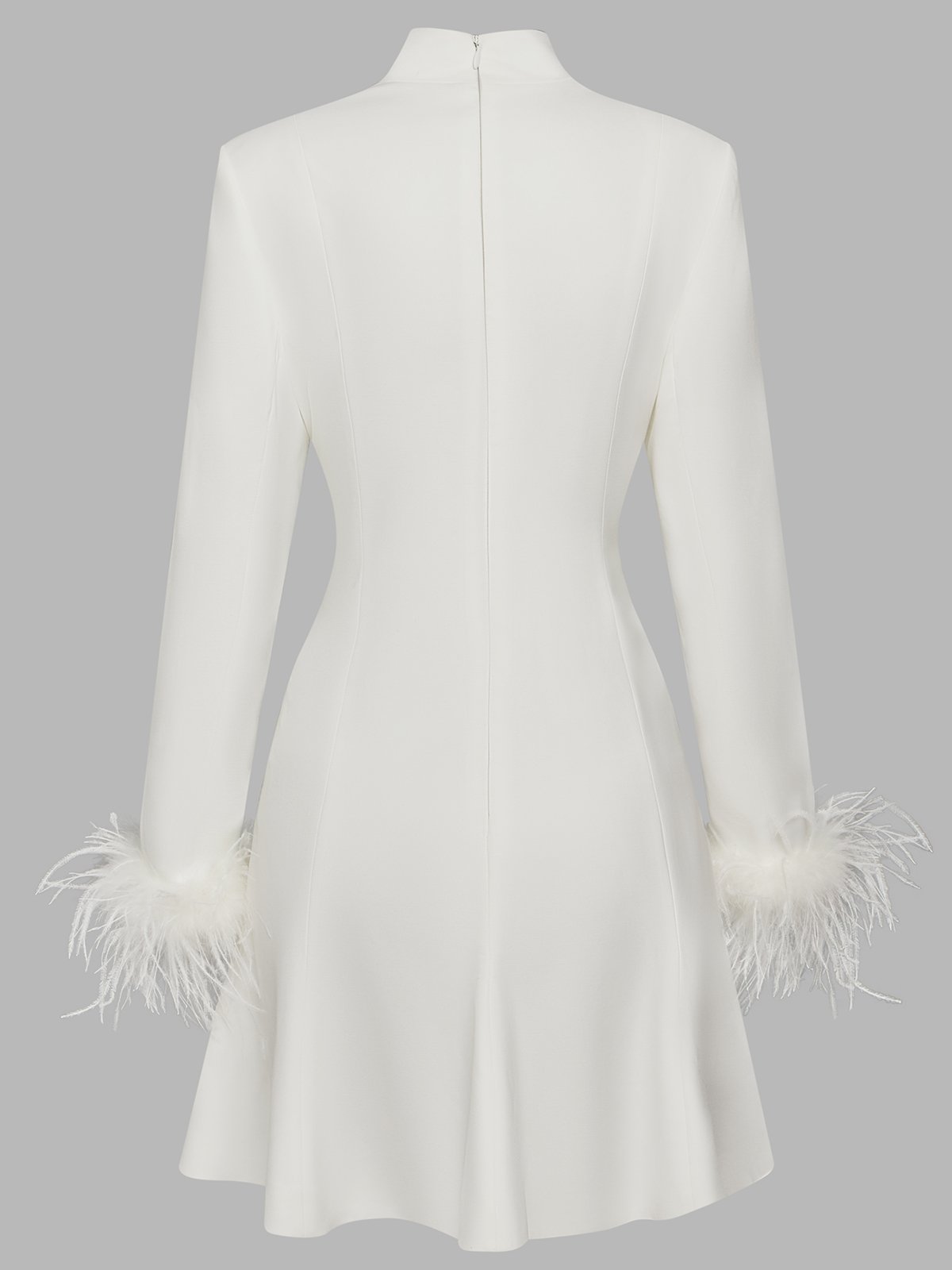White Feather-trimmed Buckle Classic V Neck Stand Collar Long Sleeve A-Line Mini Dress