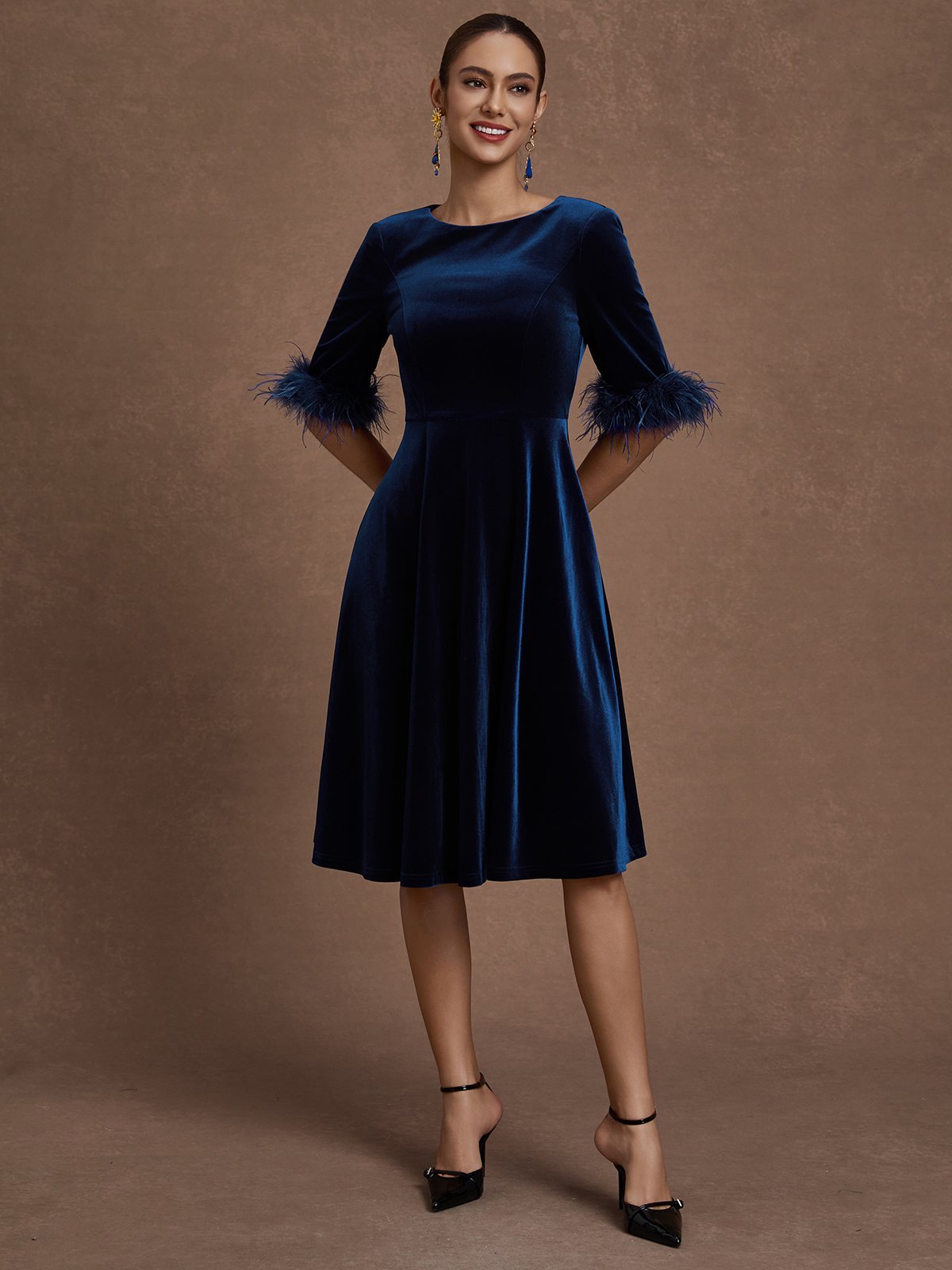 Purplish Blue Feather-trimmed Velvet Crew Neck Half Sleeve A-Line Midi Dress