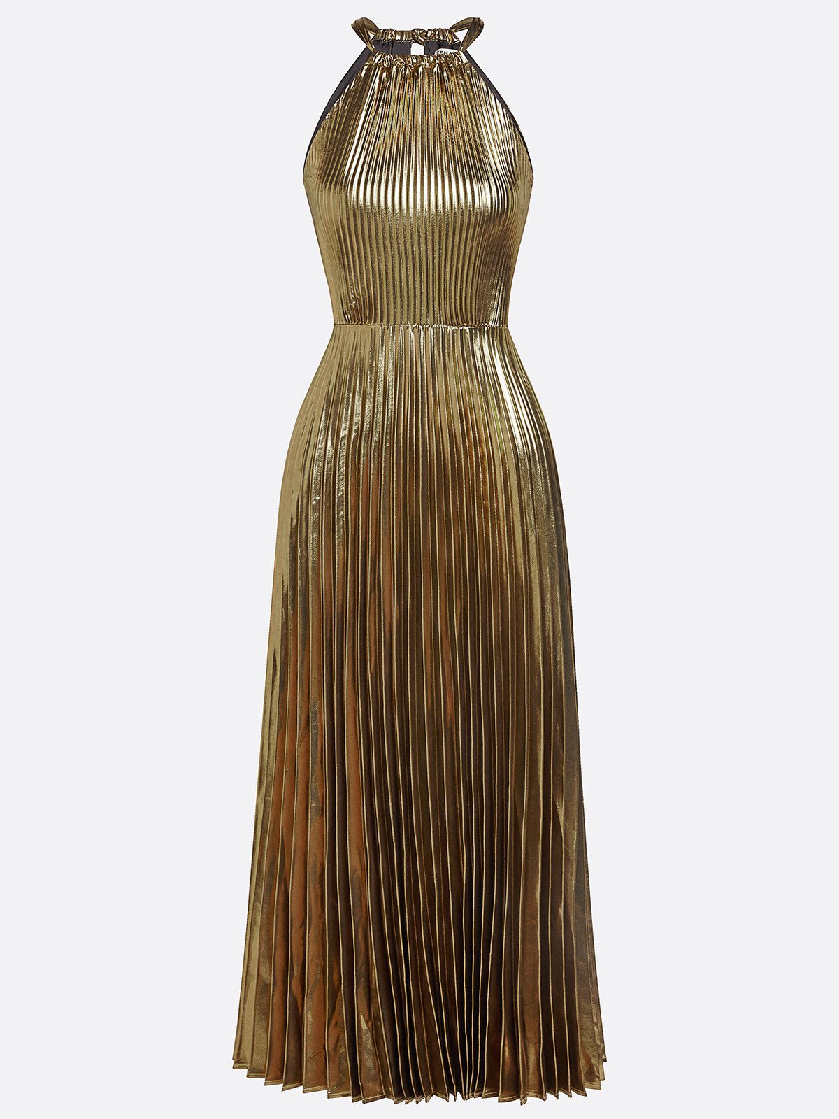 Yellow Brown Pleated Satin Halter Sleeveless A-Line Maxi Dress