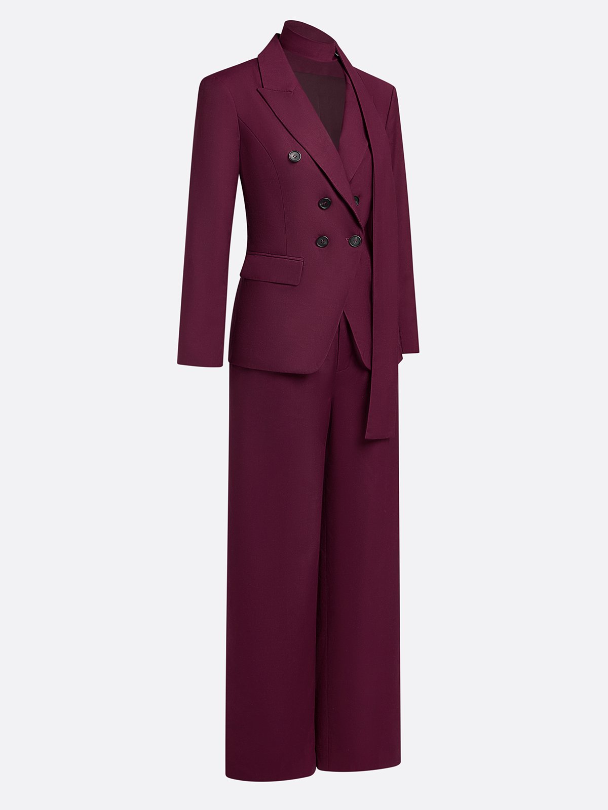 Women Wine Red Buckle Shoulder Pad Lapel Collar Long Sleeve Dressy Coat With Pants Two-Piece Set