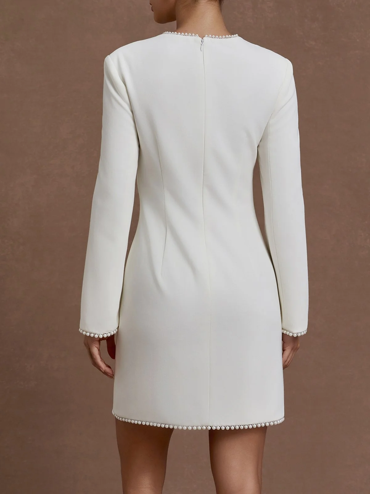 White Imitation Pearls Cut Out Classic Crew Neck Long Sleeve Shift Mini Dress
