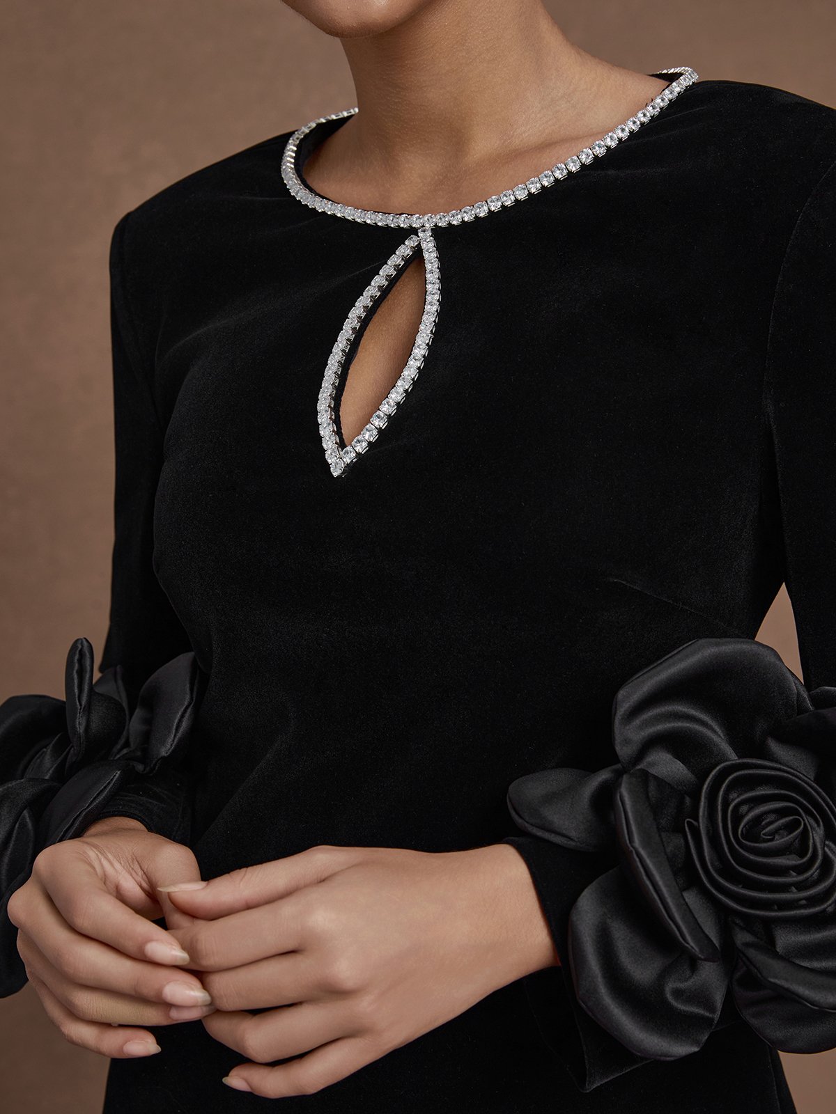 Black 3D Floral Rhinestone Velvet Crew Neck Long Sleeve Sheath Mini Dress