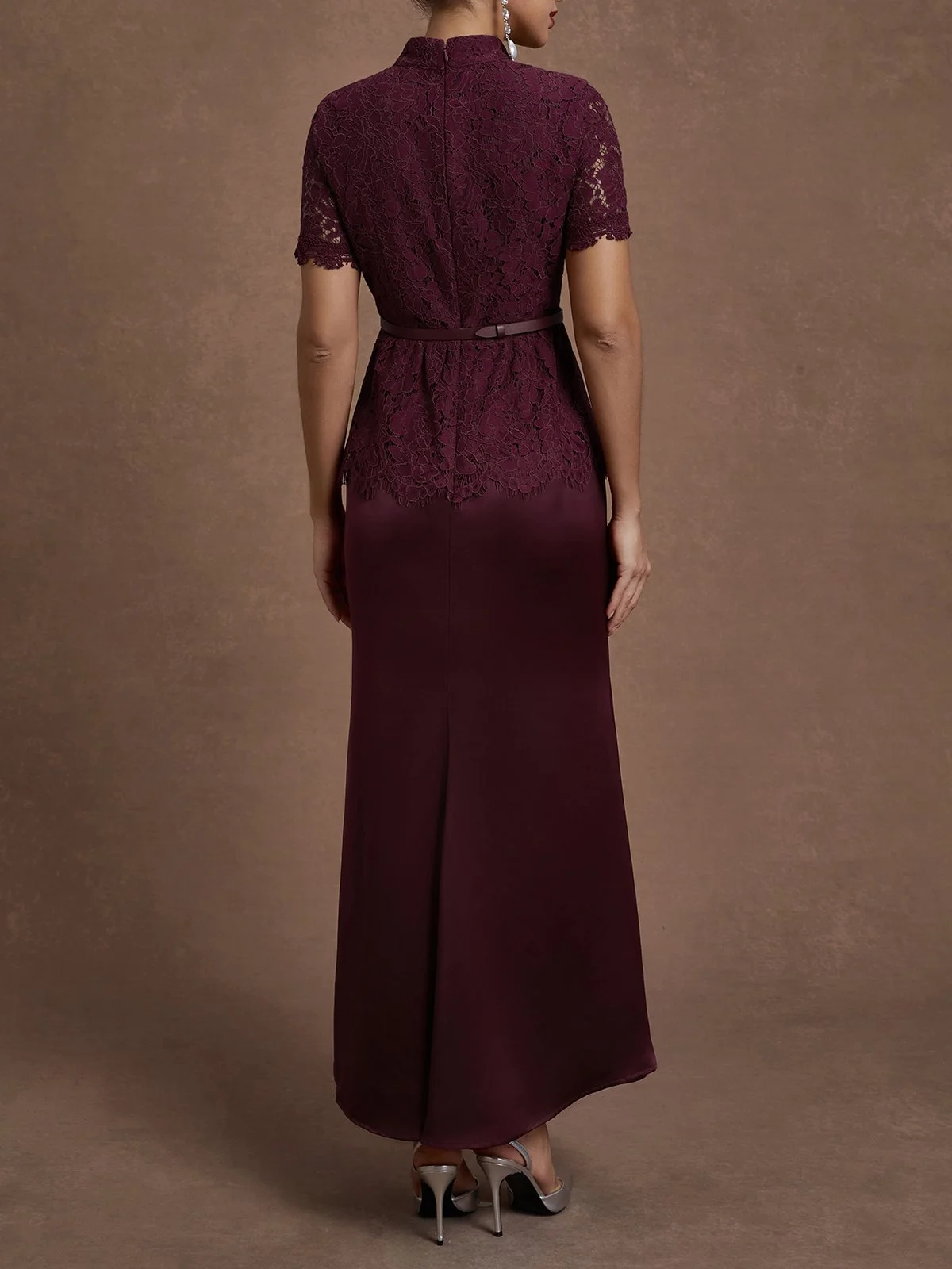 Wine Red Buckle Lace Classic Mock Neck Short Sleeve Mermaid Maxi Dress