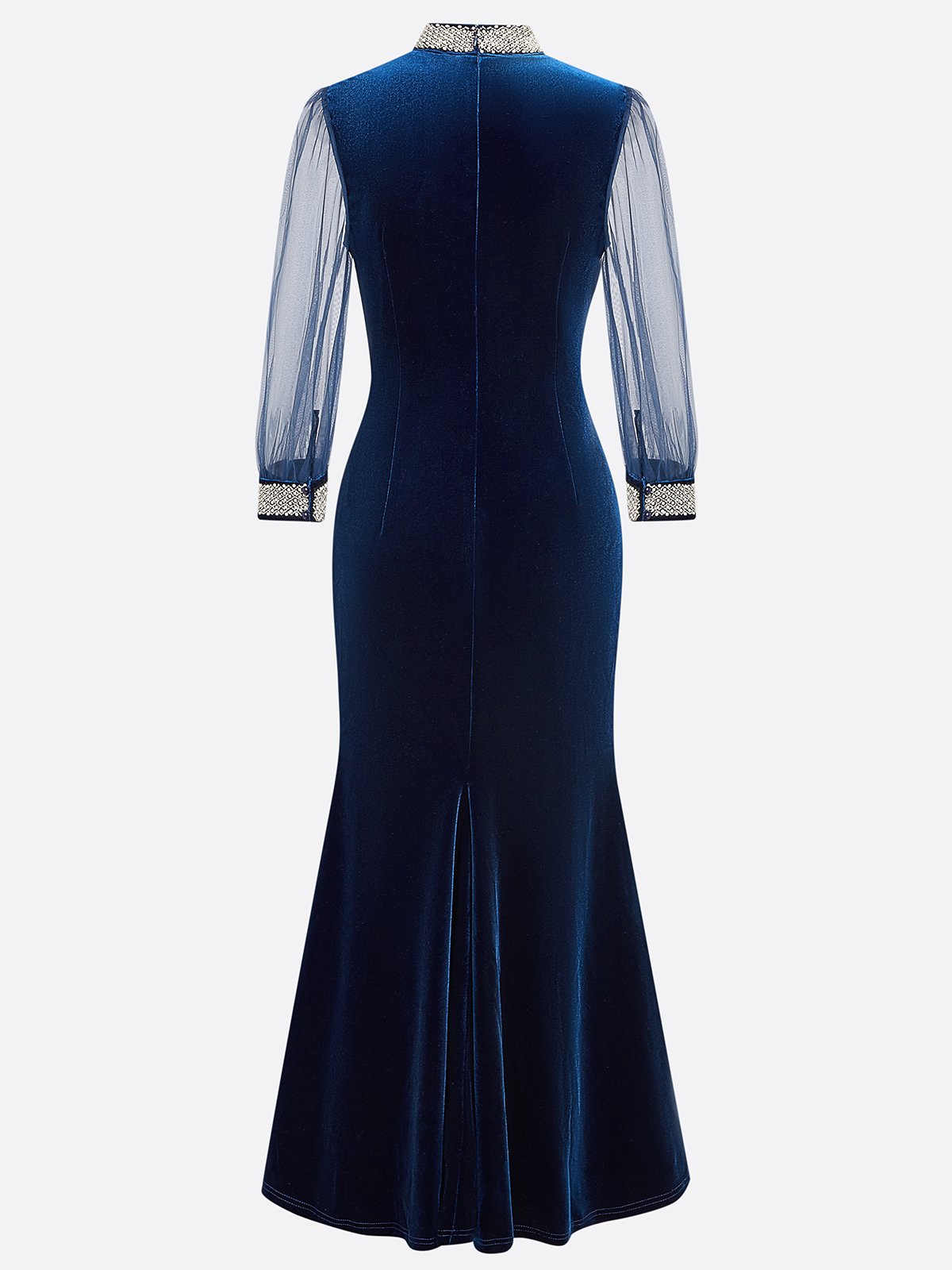 Royal Blue Rhinestone Velvet Stand Collar Half Sleeve Balloon Sleeve Mermaid Maxi Dress