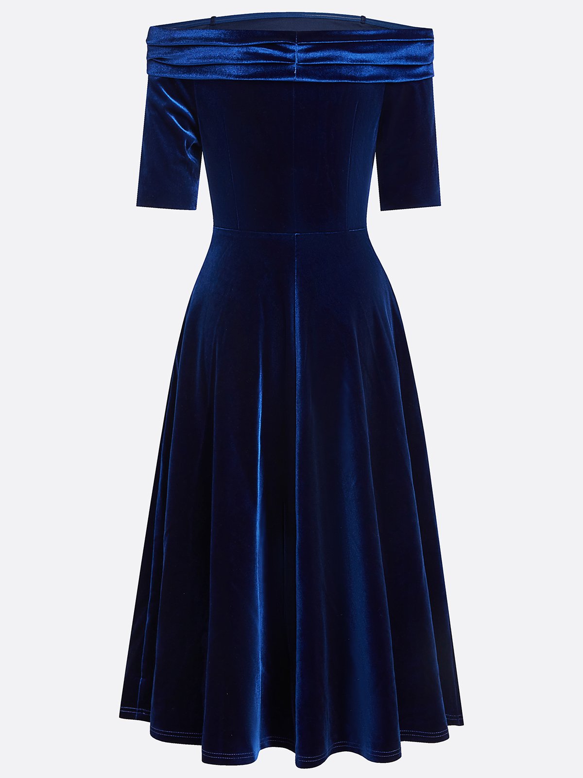 Deep Blue Applique Gathered Velvet Off The Shoulder Half Sleeve A-Line Midi Dress