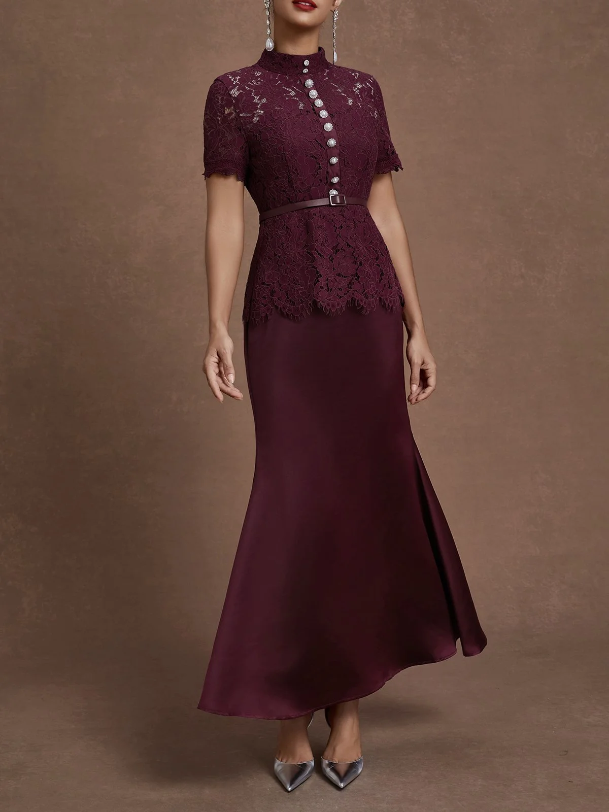 Wine Red Buckle Lace Classic Mock Neck Short Sleeve Mermaid Maxi Dress