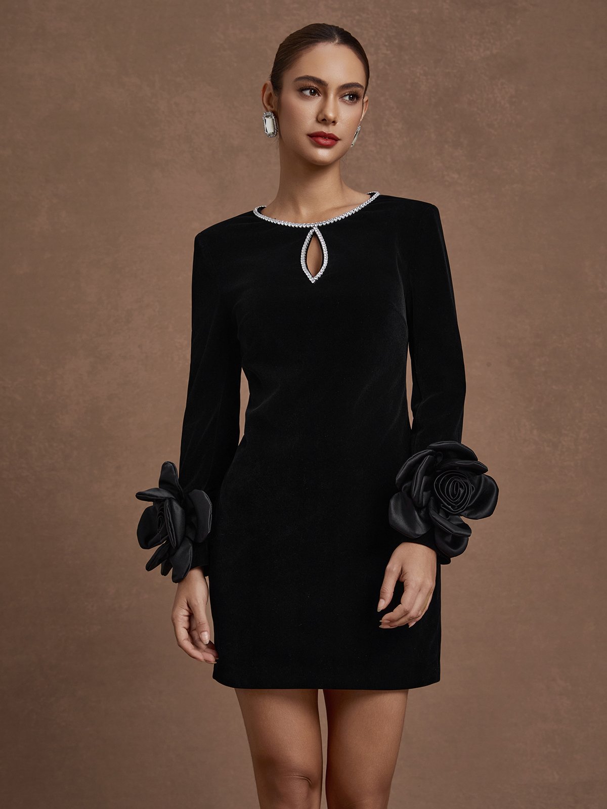 Black 3D Floral Rhinestone Velvet Crew Neck Long Sleeve Sheath Mini Dress
