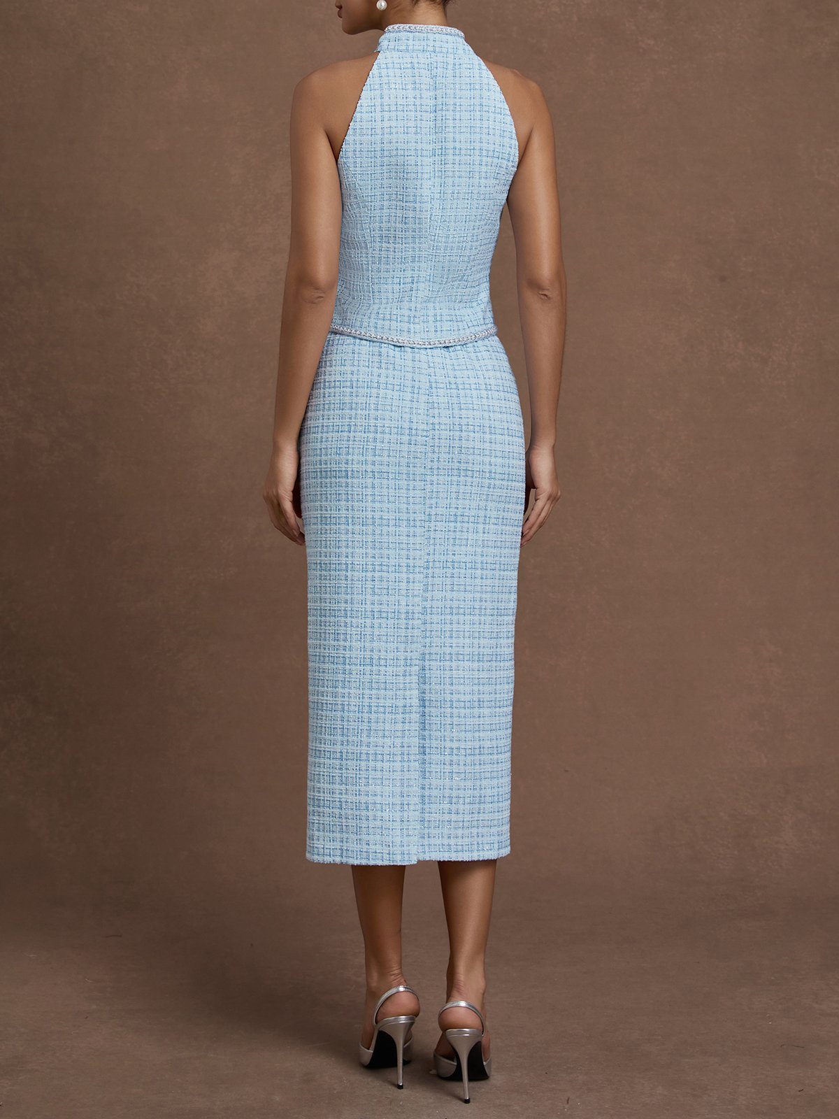 Women Blue Buckle Rhinestone Turtleneck Sleeveless Dressy Top With Skirt Two-Piece Set