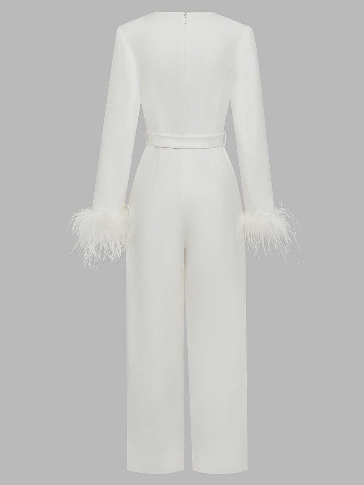 Women White Feather-trimmed Crew Neck Long Sleeve Dressy Jumpsuit