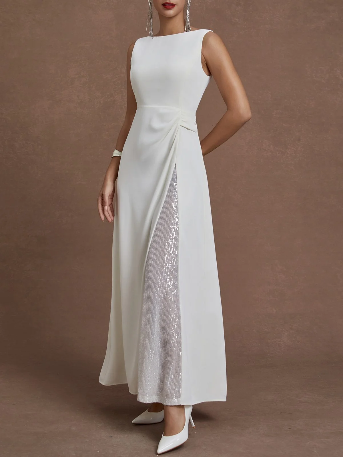 White Sequin Glitter Classic Crew Neck Sleeveless A-Line Maxi Dress